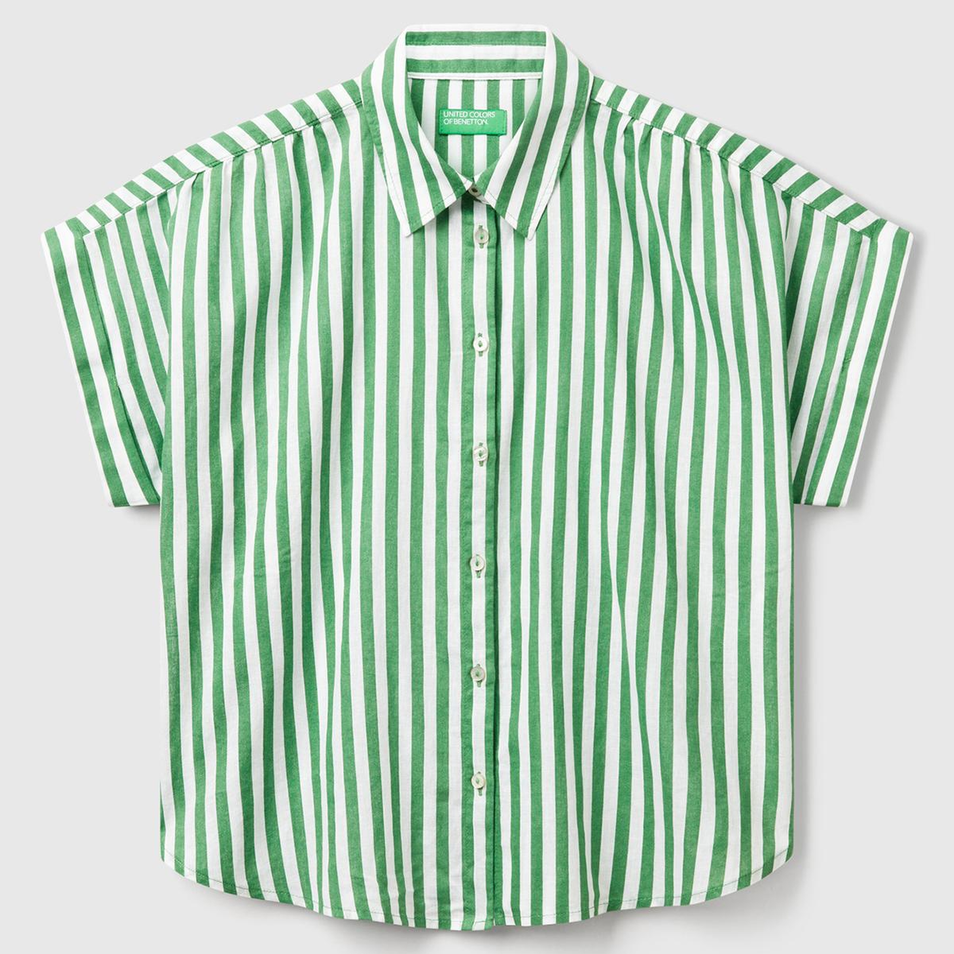 Kadın Yeşil Keten Karışımlı Çizgili Kimono Kol Gömlek