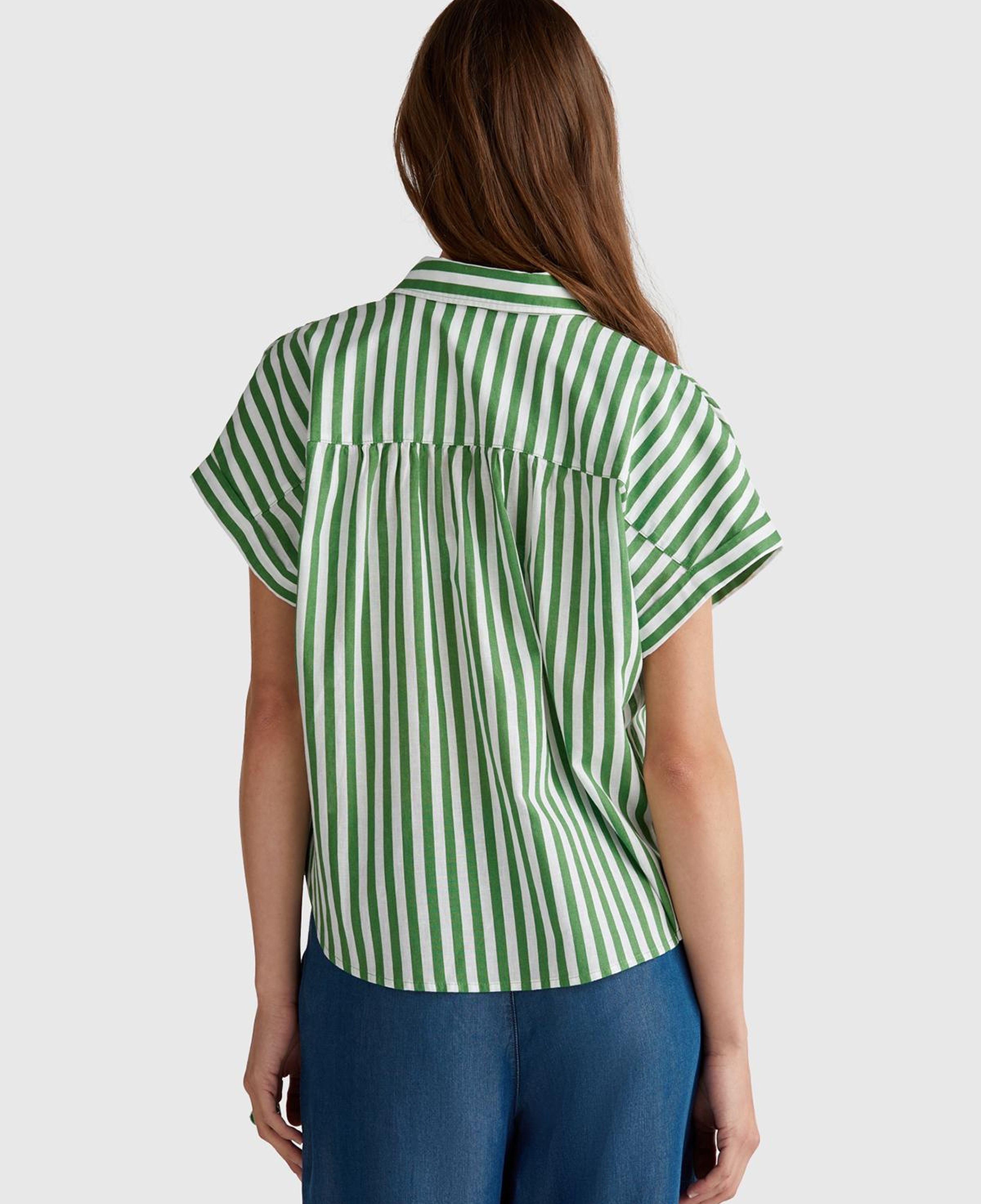 Kadın Yeşil Keten Karışımlı Çizgili Kimono Kol Gömlek