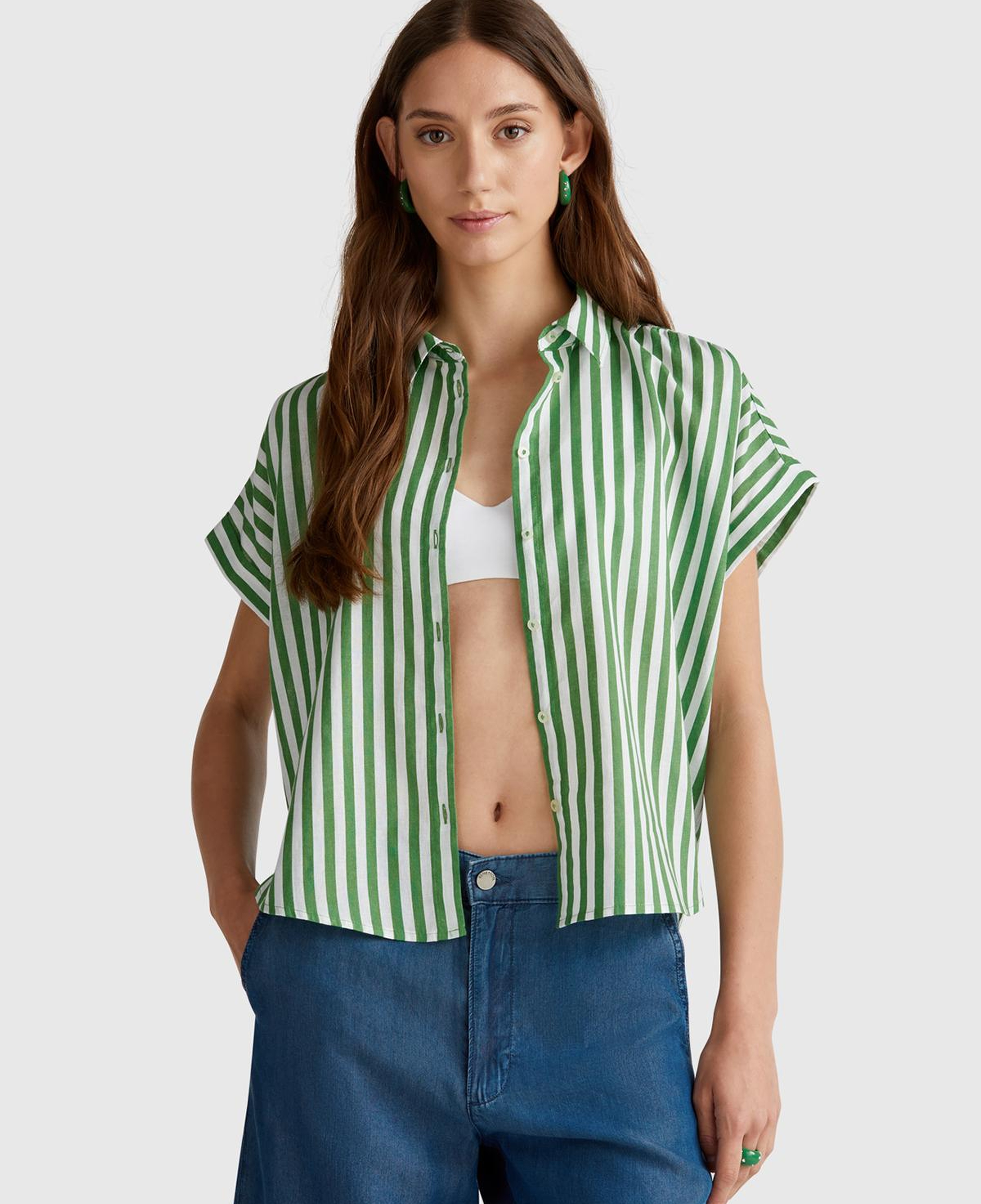 Kadın Yeşil Keten Karışımlı Çizgili Kimono Kol Gömlek