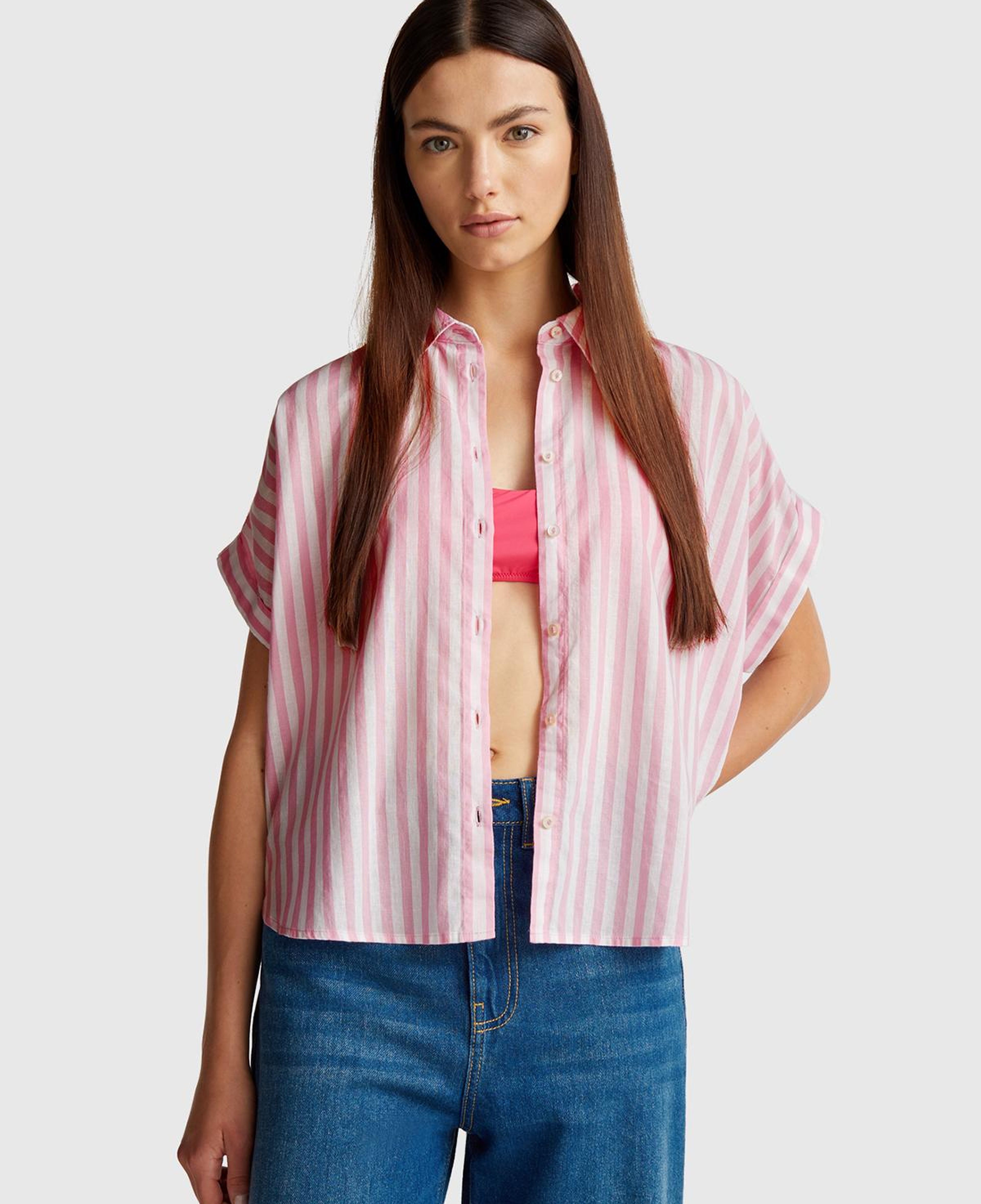 Kadın Pembe Keten Karışımlı Çizgili Kimono Kol Gömlek