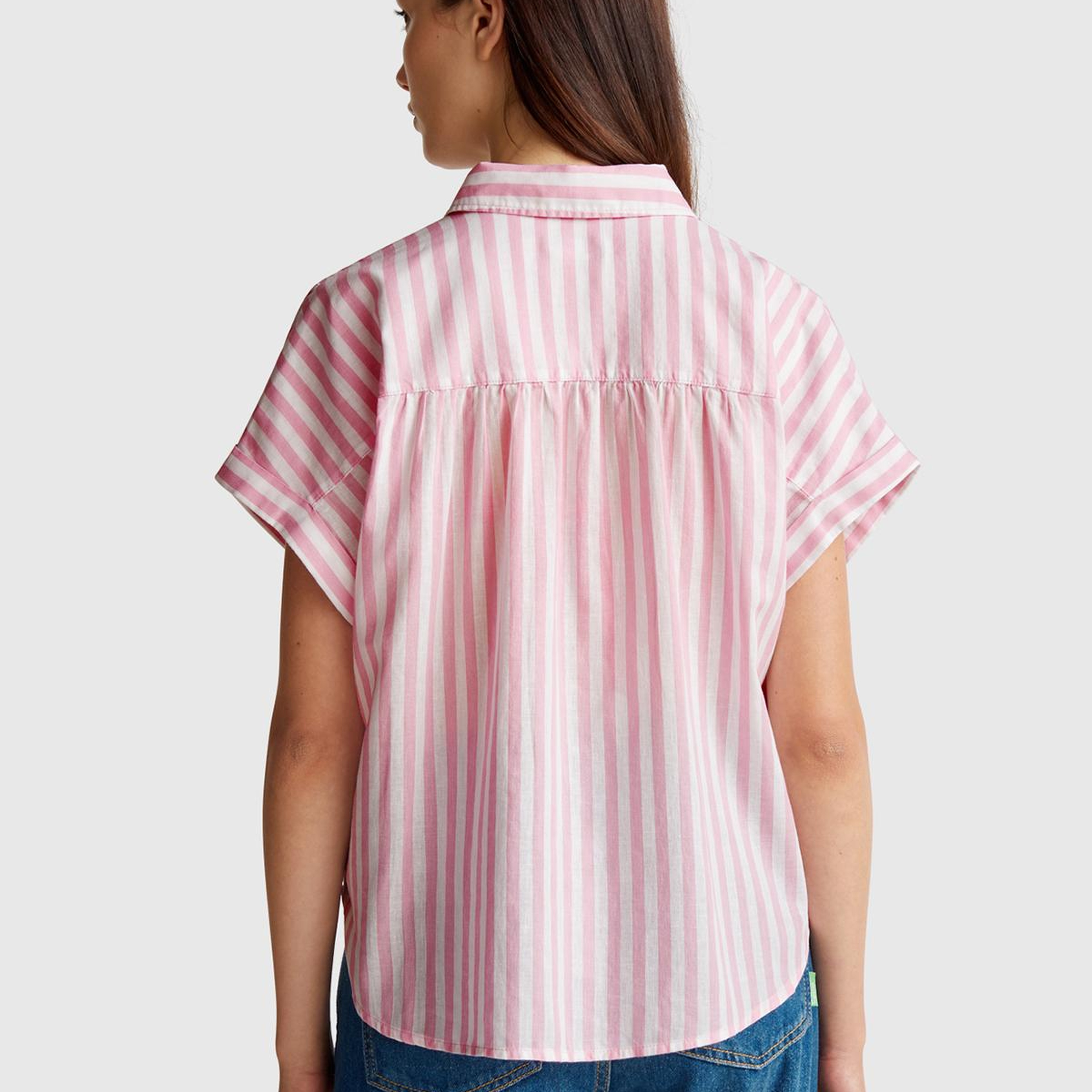 Kadın Pembe Keten Karışımlı Çizgili Kimono Kol Gömlek