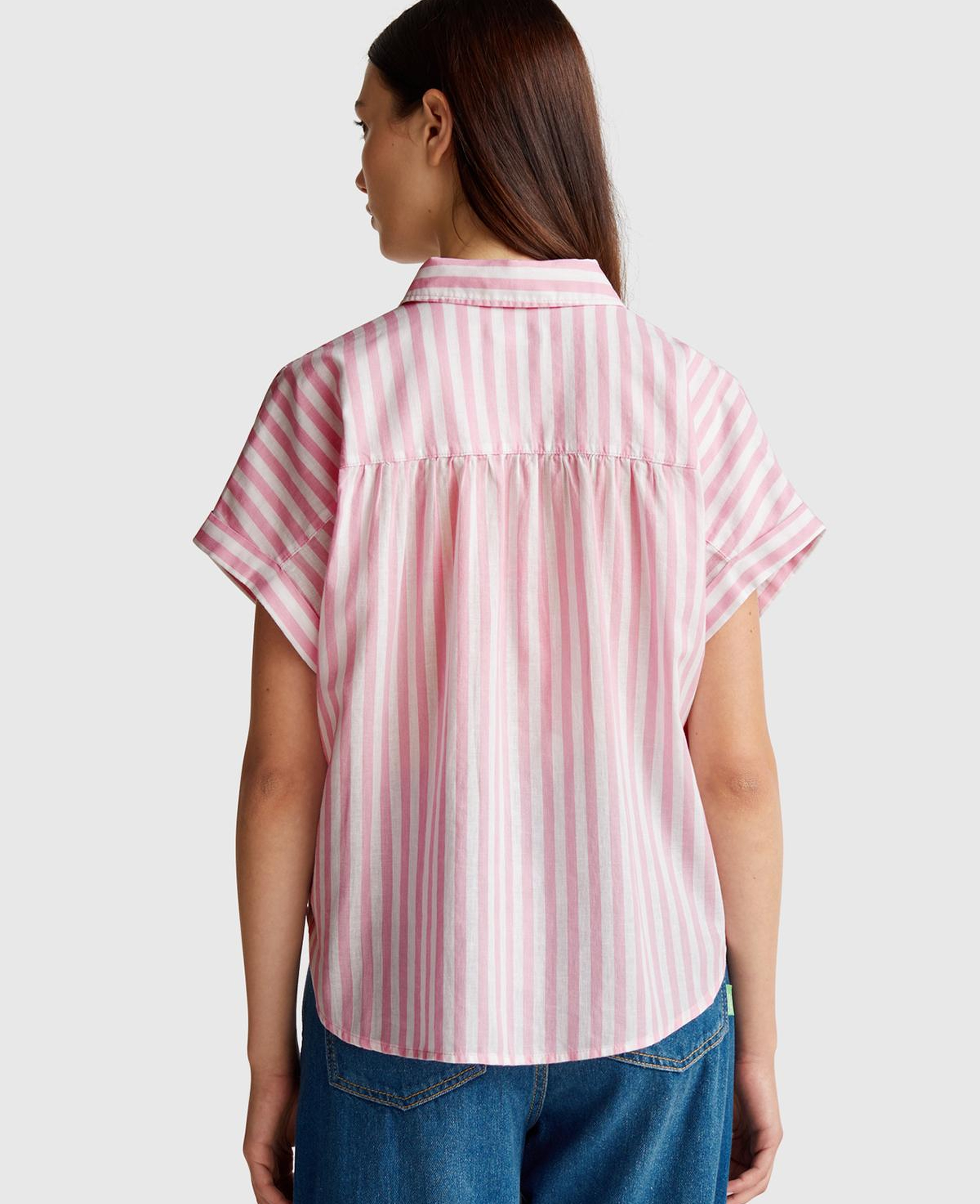 Kadın Pembe Keten Karışımlı Çizgili Kimono Kol Gömlek