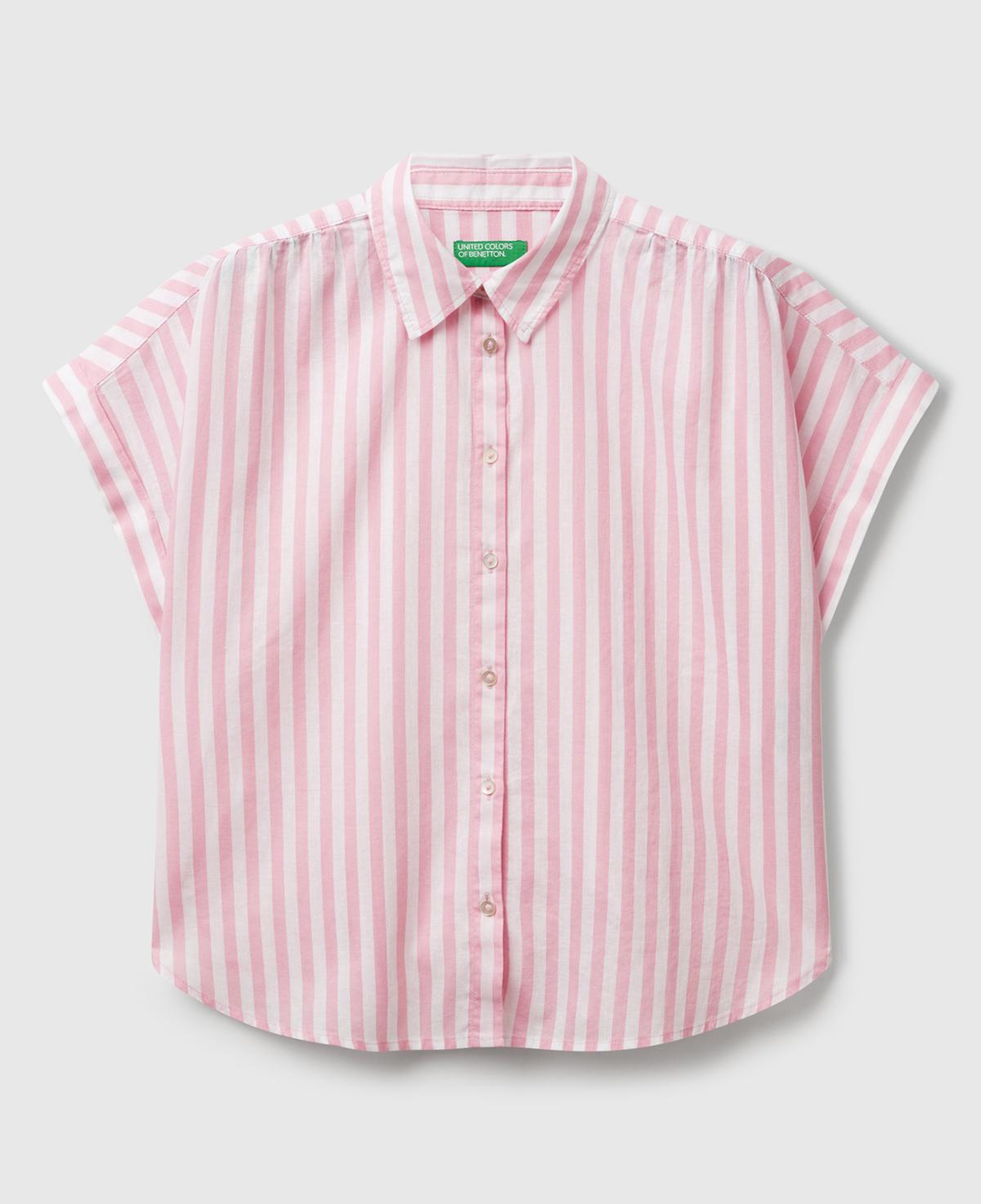 Kadın Pembe Keten Karışımlı Çizgili Kimono Kol Gömlek