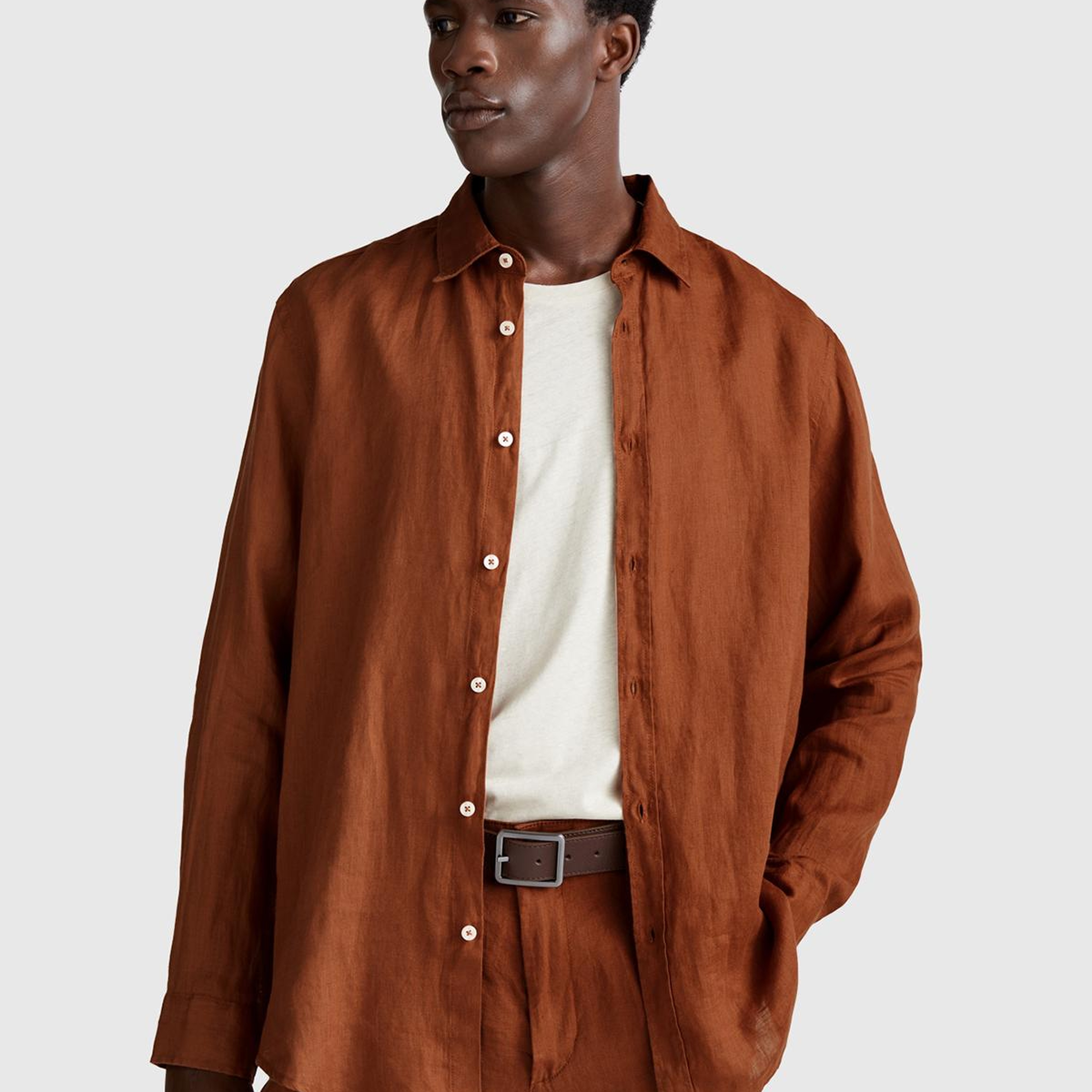 Erkek Koyu Kahverengi %100 Keten Gömlek