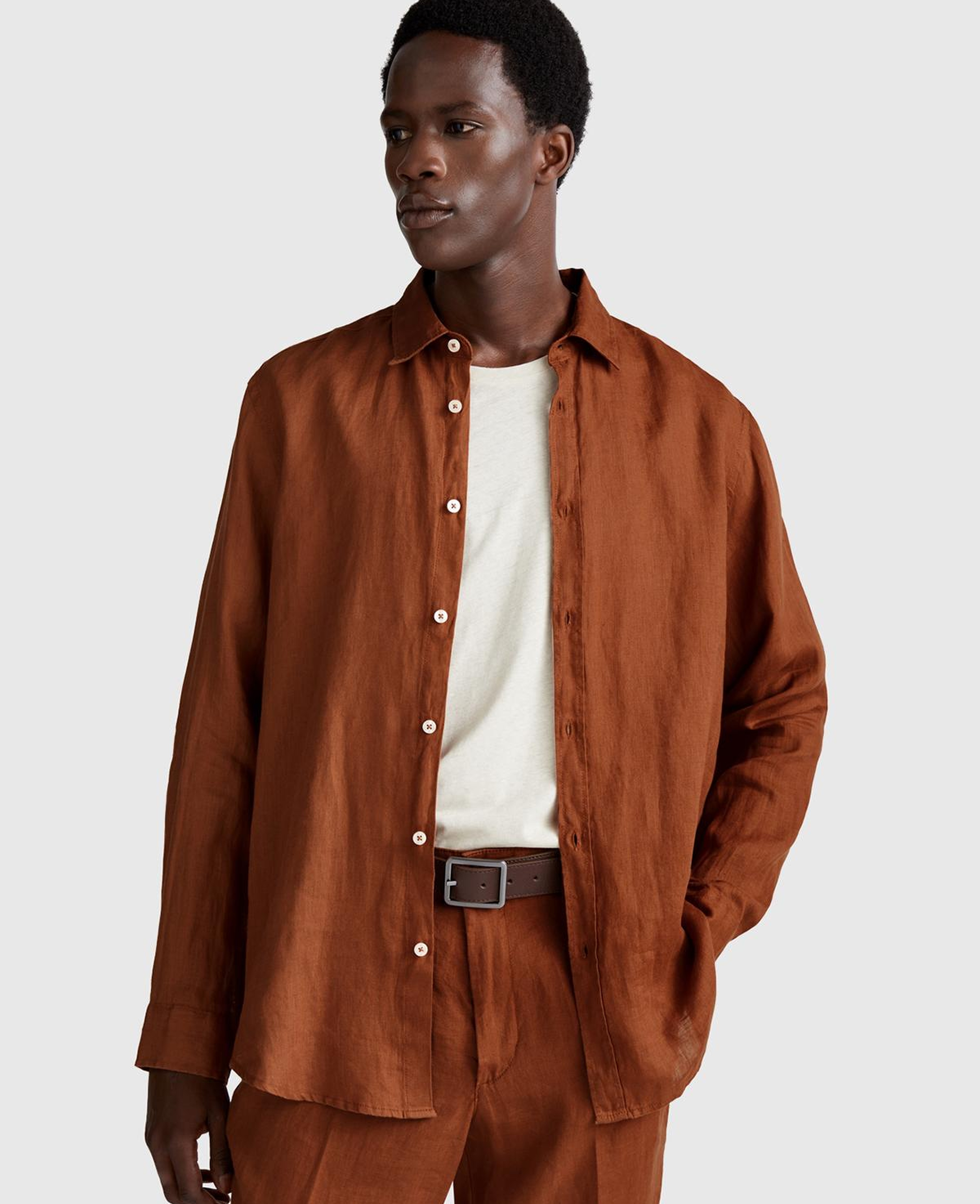 Erkek Koyu Kahverengi %100 Keten Gömlek