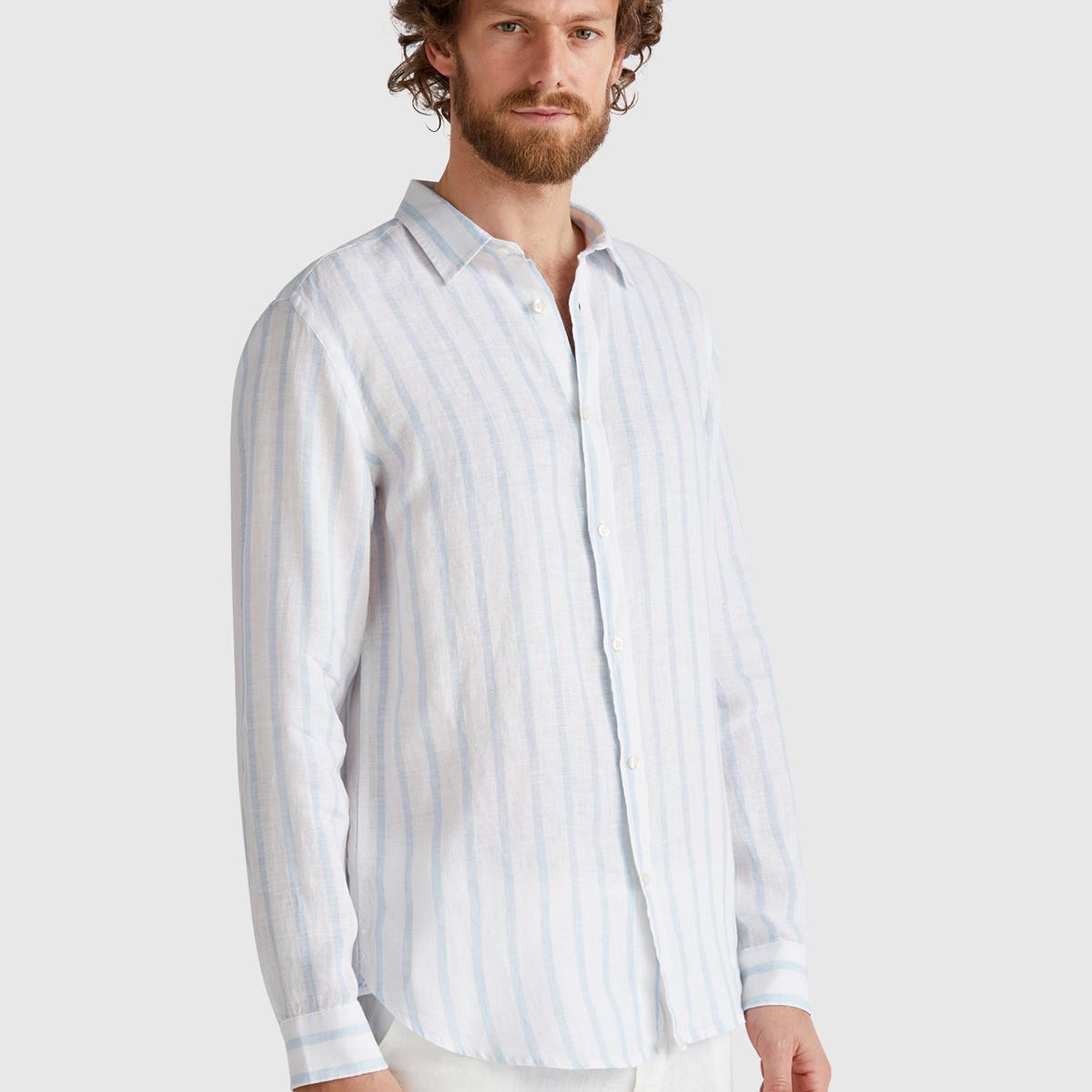 Erkek Beyaz Çizgili %100 Keten Gömlek