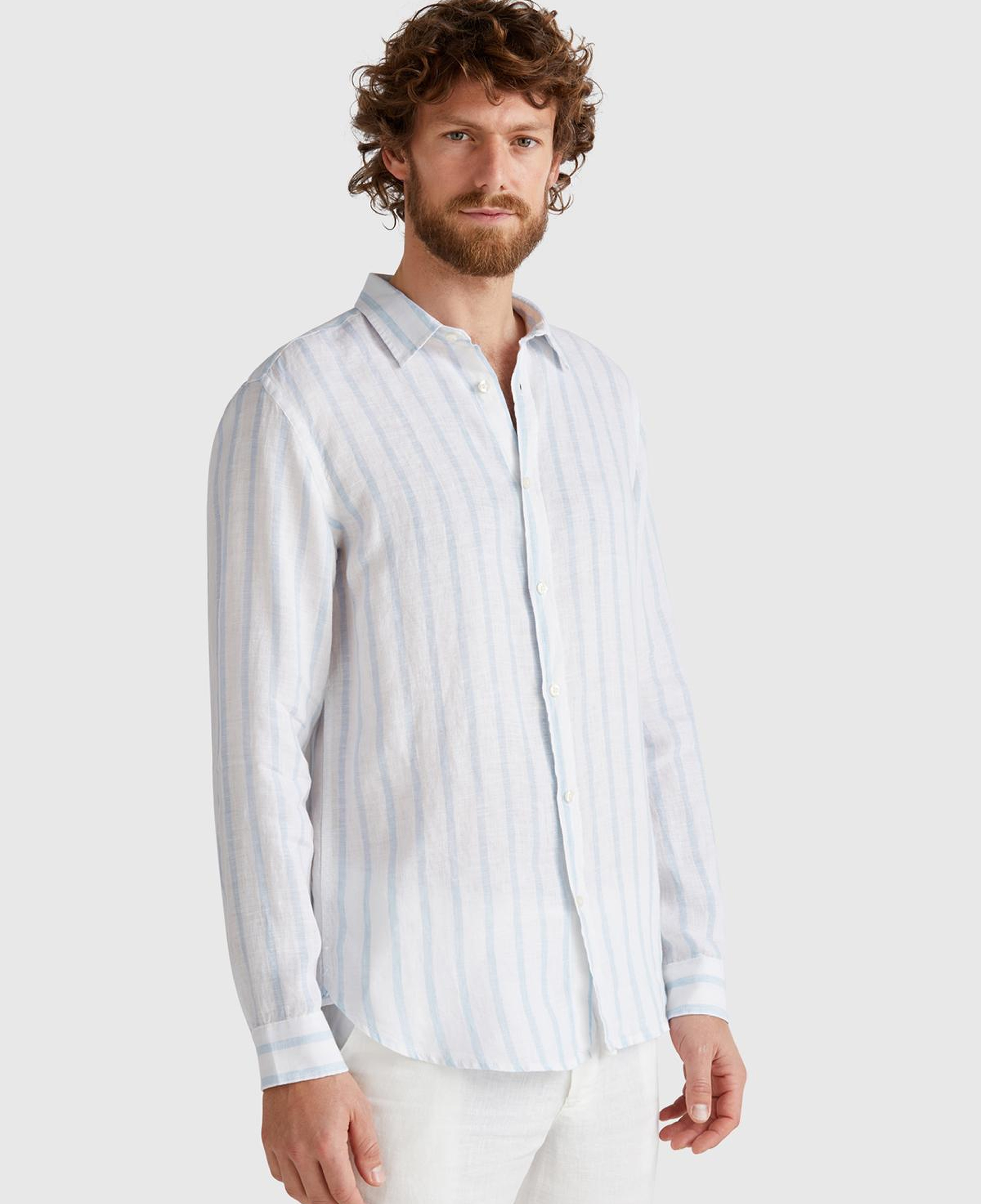 Erkek Beyaz Çizgili %100 Keten Gömlek