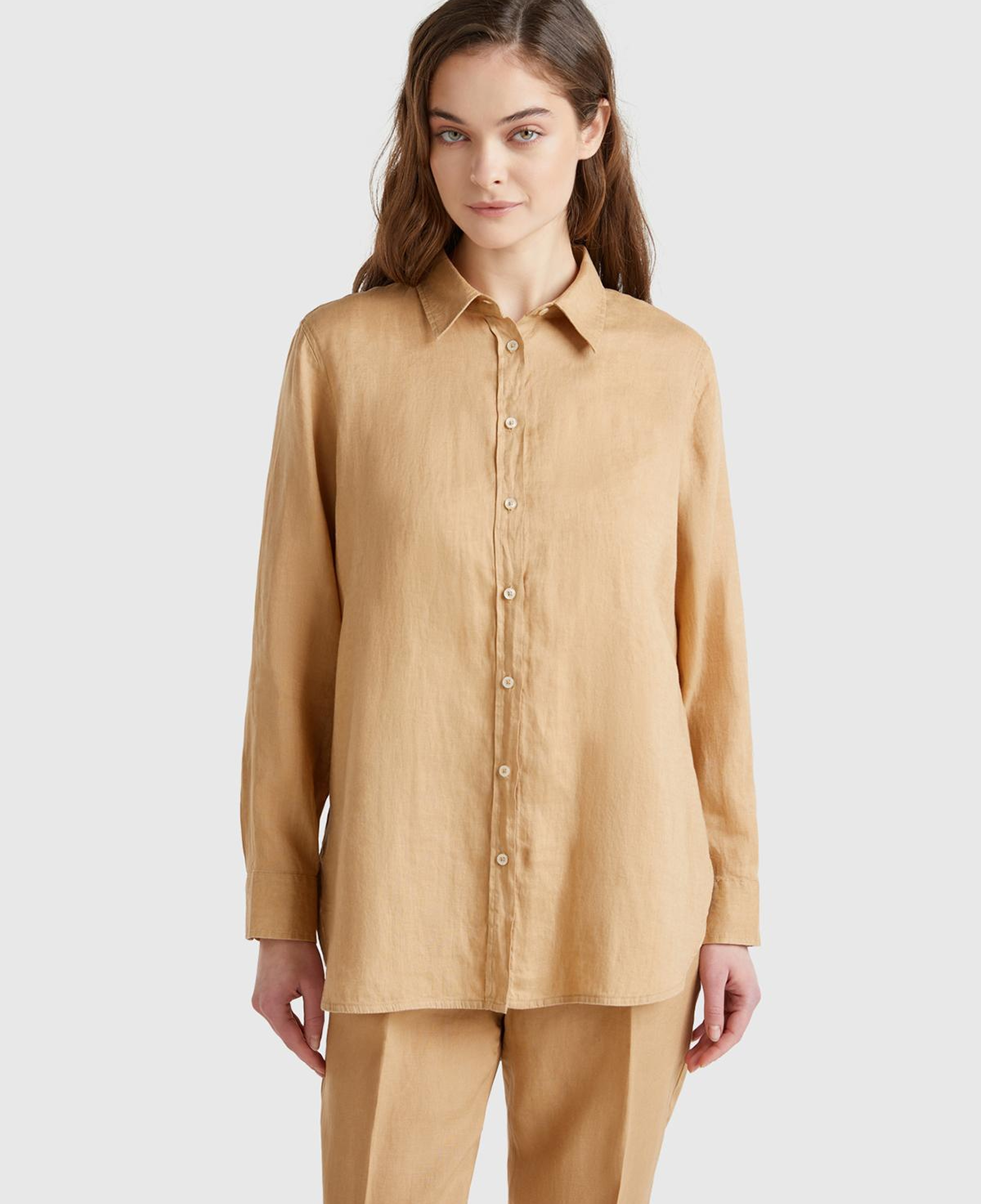 Kadın Bej %100 Keten Gömlek