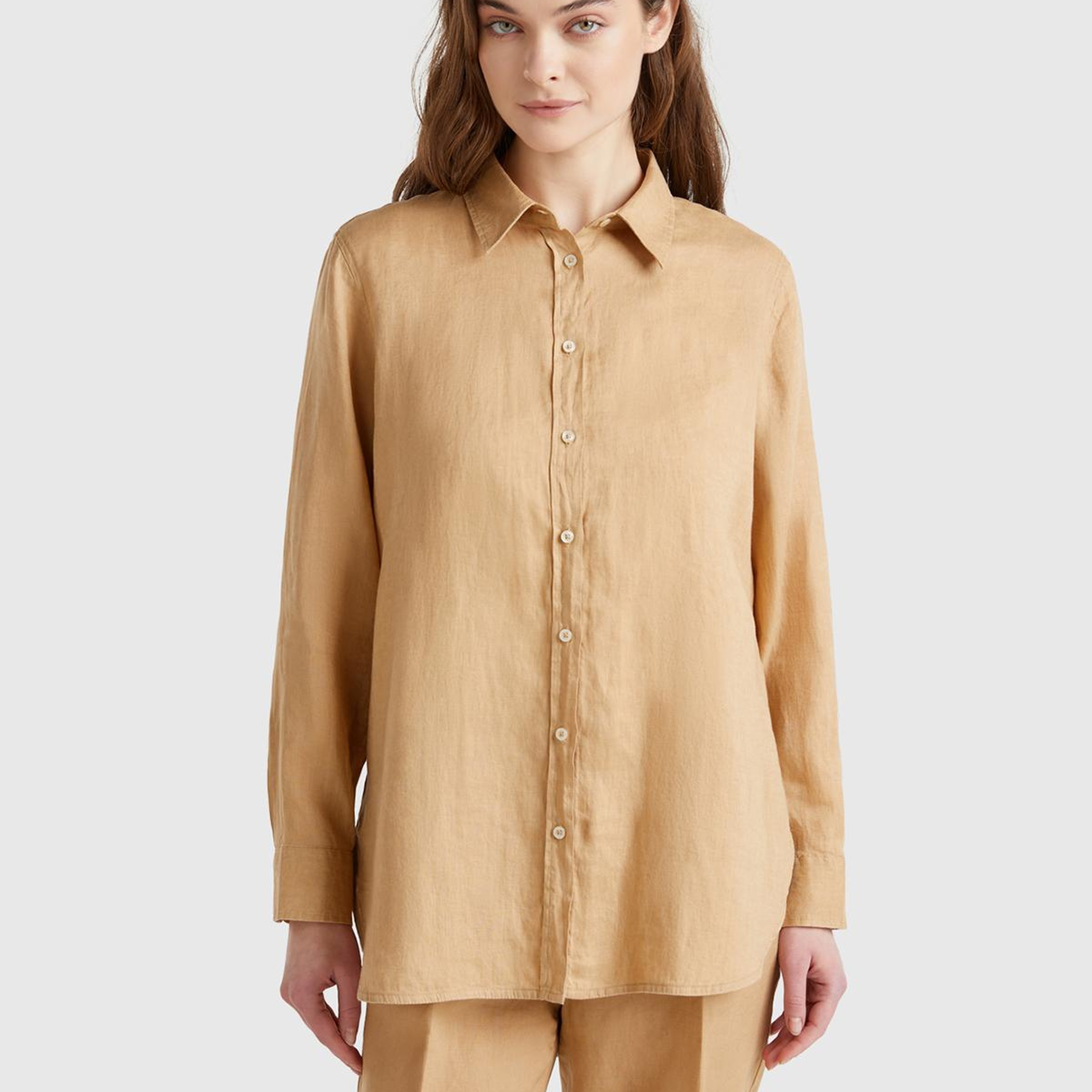 Kadın Bej %100 Keten Gömlek