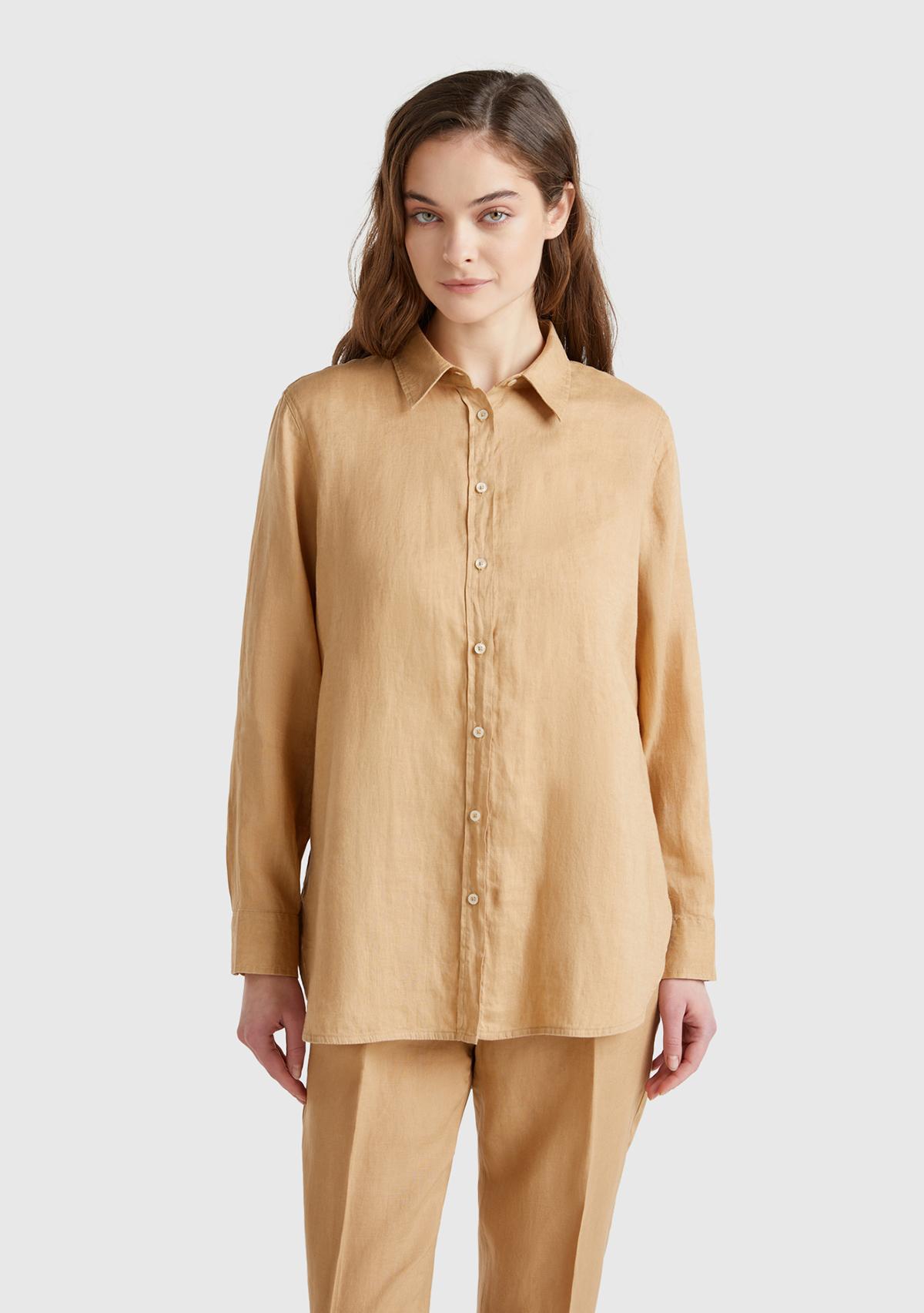 Kadın Bej %100 Keten Gömlek