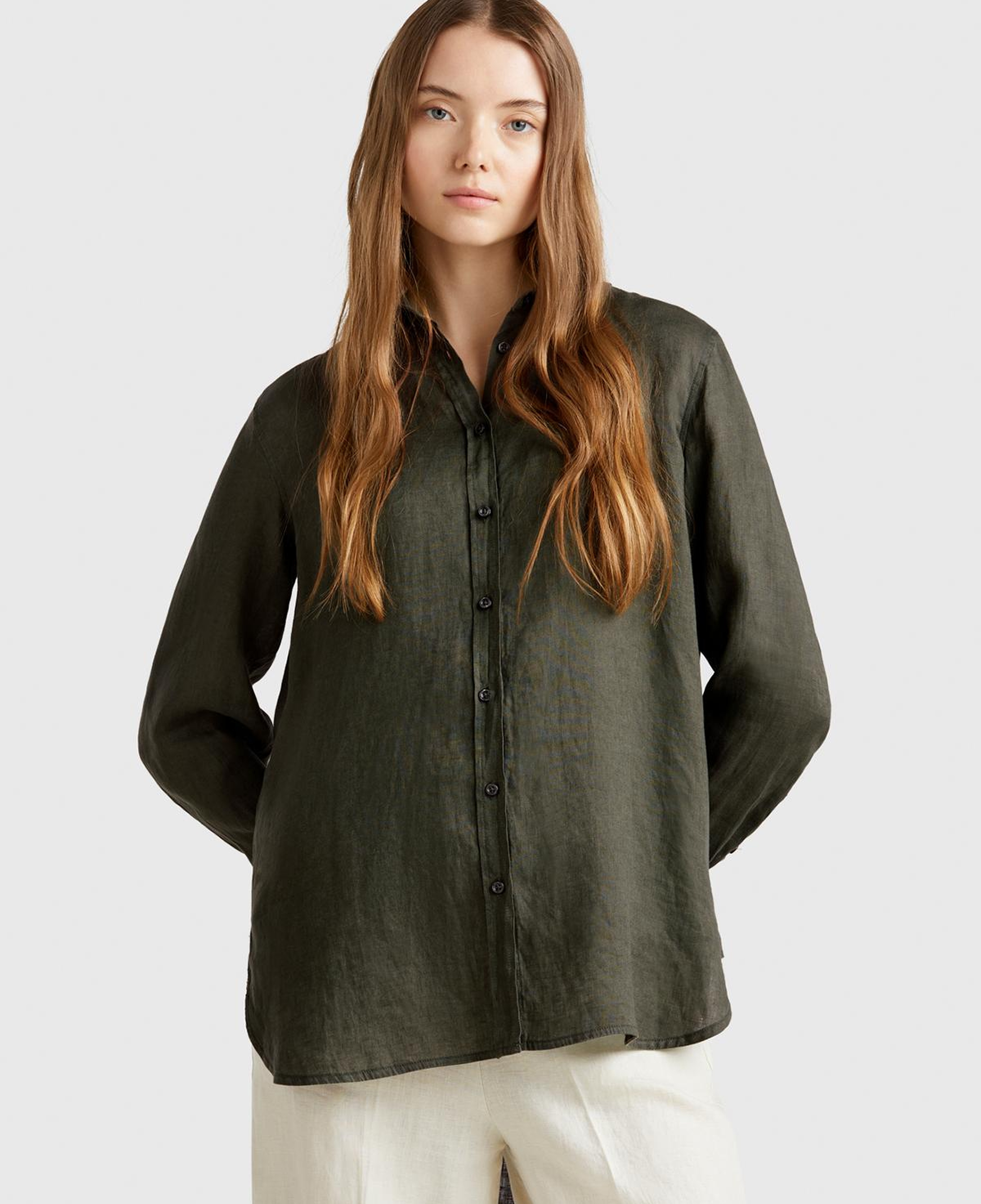 Kadın Haki %100 Keten Gömlek