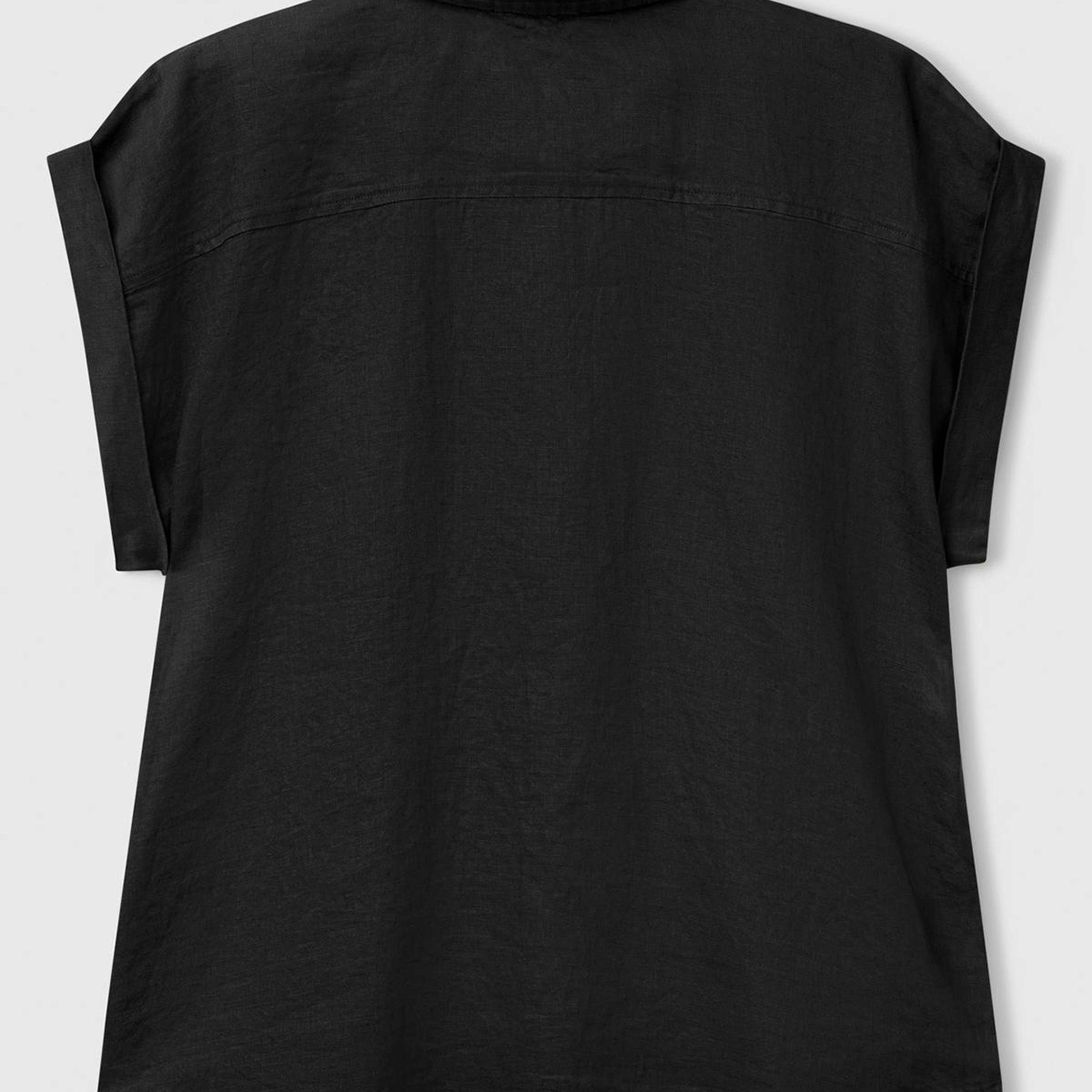 Kadın Siyah %100 Keten Omuz Detaylı Kısa Kollu Gömlek