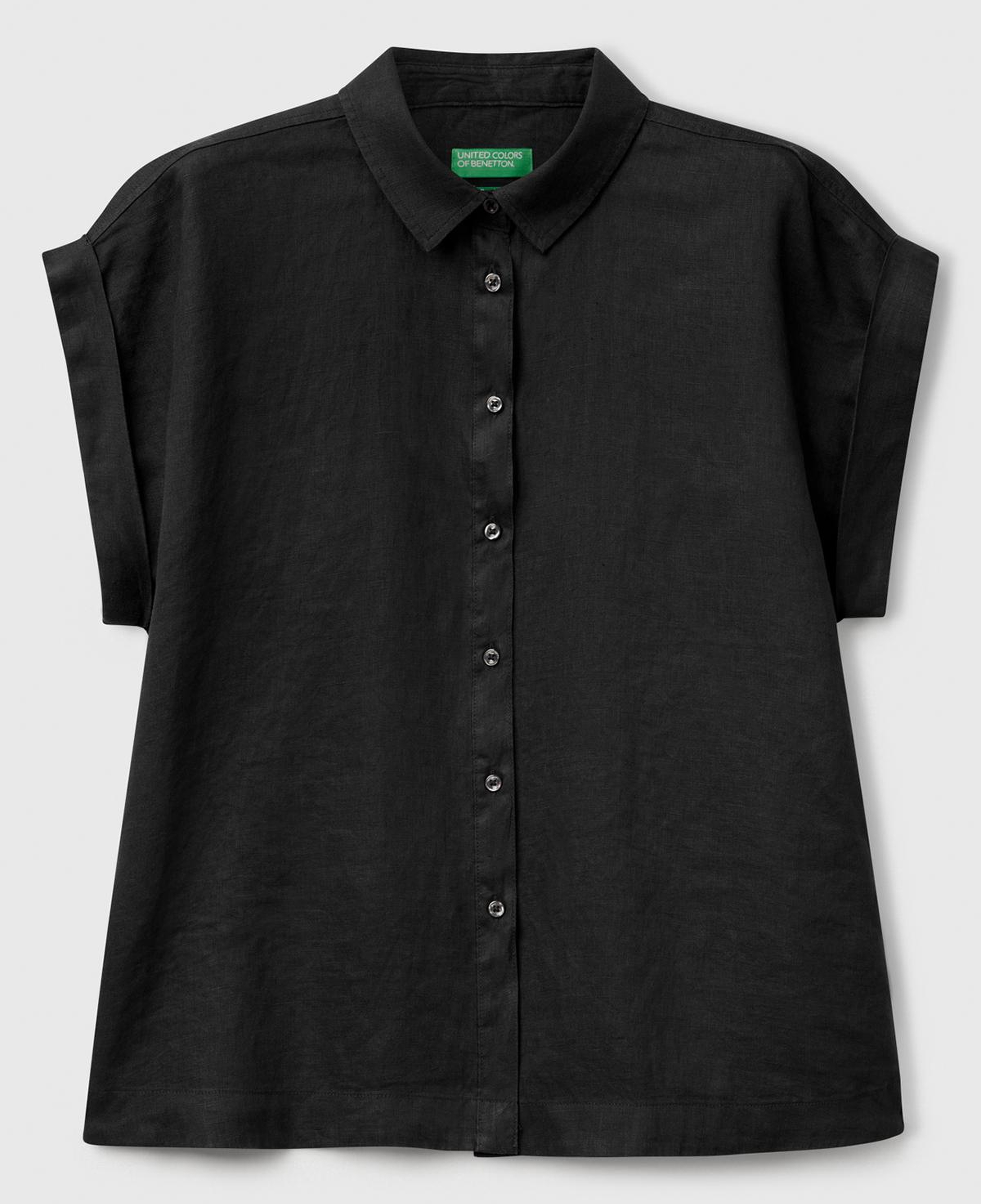 Kadın Siyah %100 Keten Omuz Detaylı Kısa Kollu Gömlek