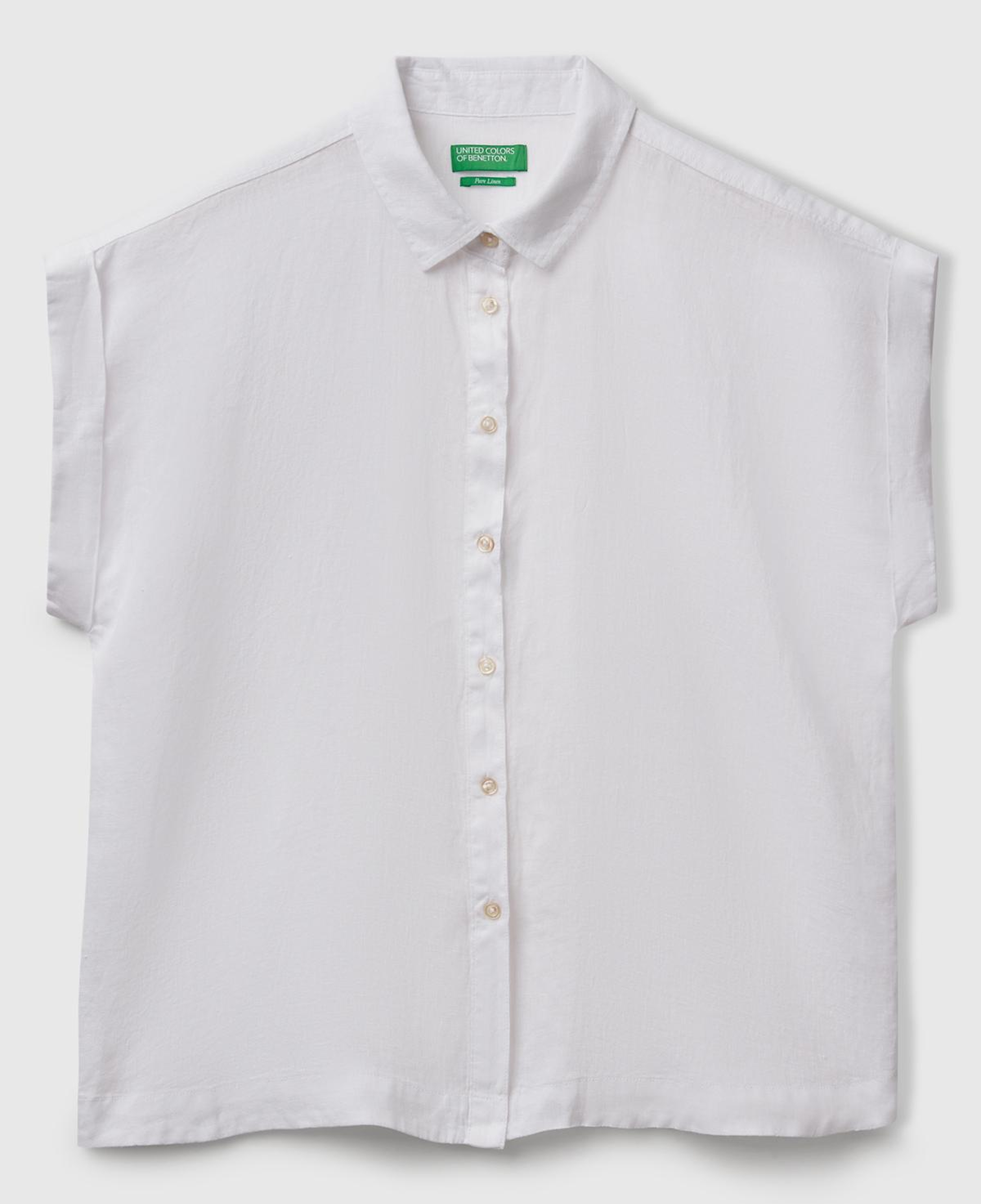 Kadın Beyaz %100 Keten Omuz Detaylı Kısa Kollu Gömlek