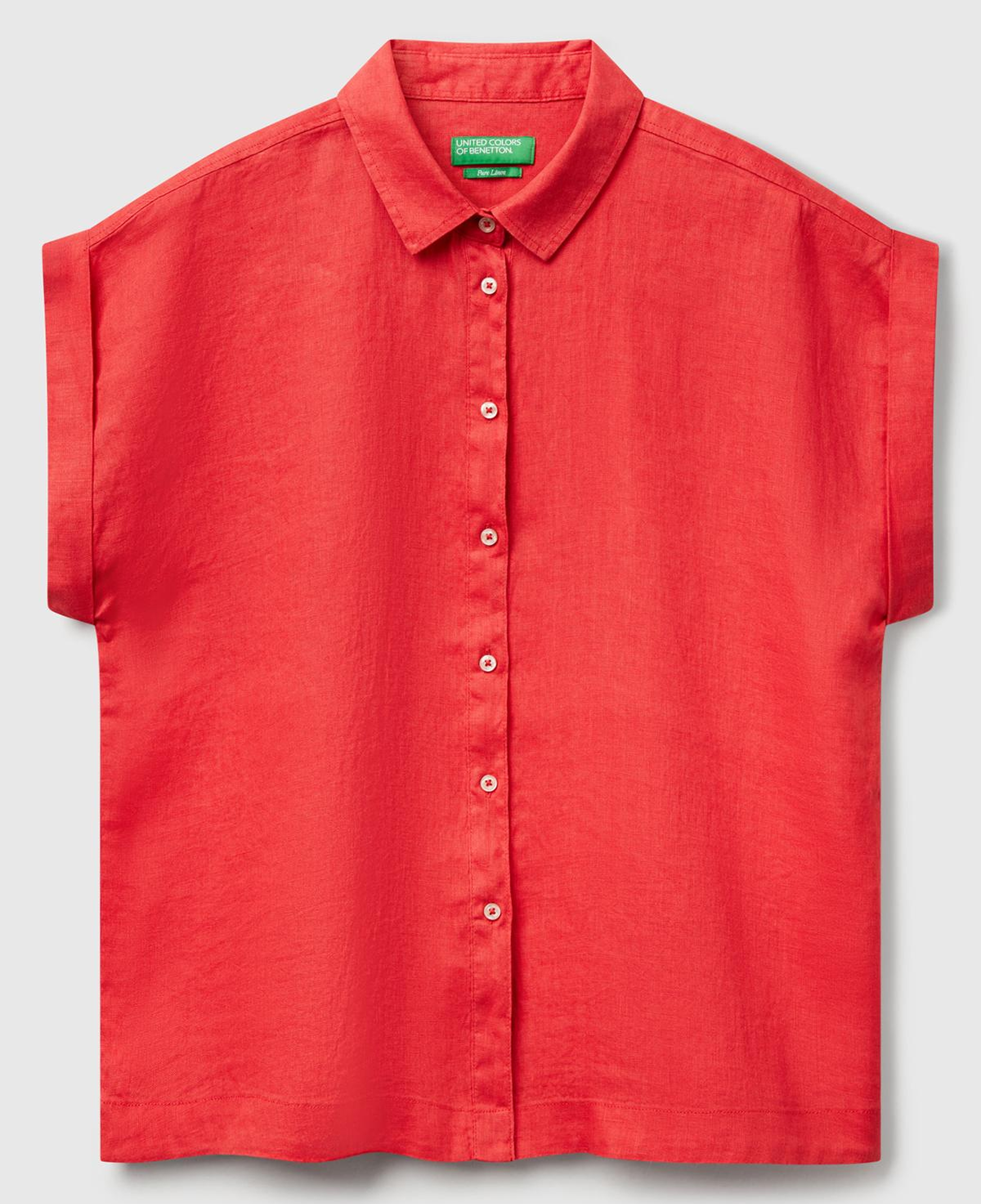 Kadın Mercan %100 Keten Omuz Detaylı Kısa Kollu Gömlek