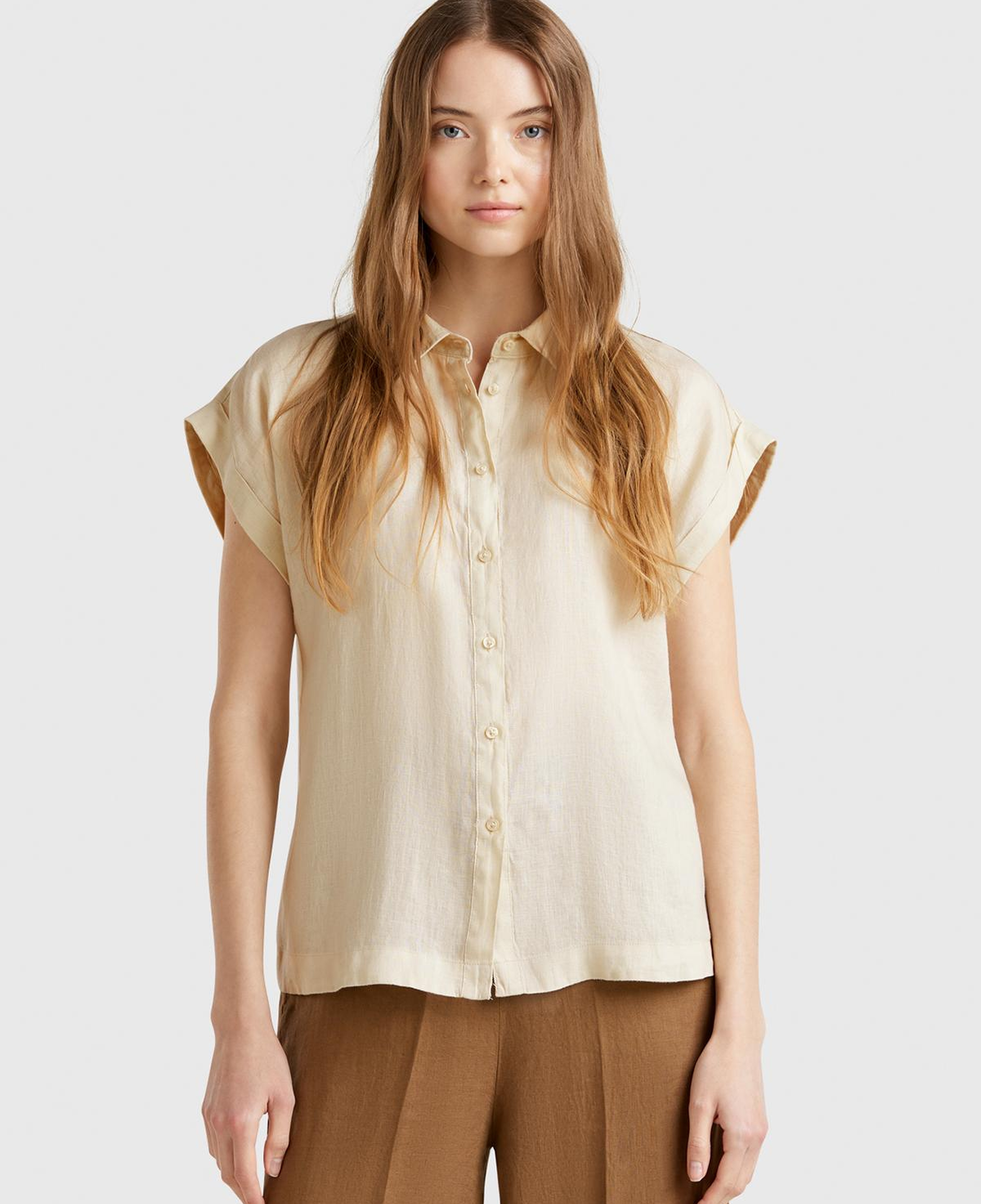 Kadın Taş Rengi %100 Keten Omuz Detaylı Kısa Kollu Gömlek