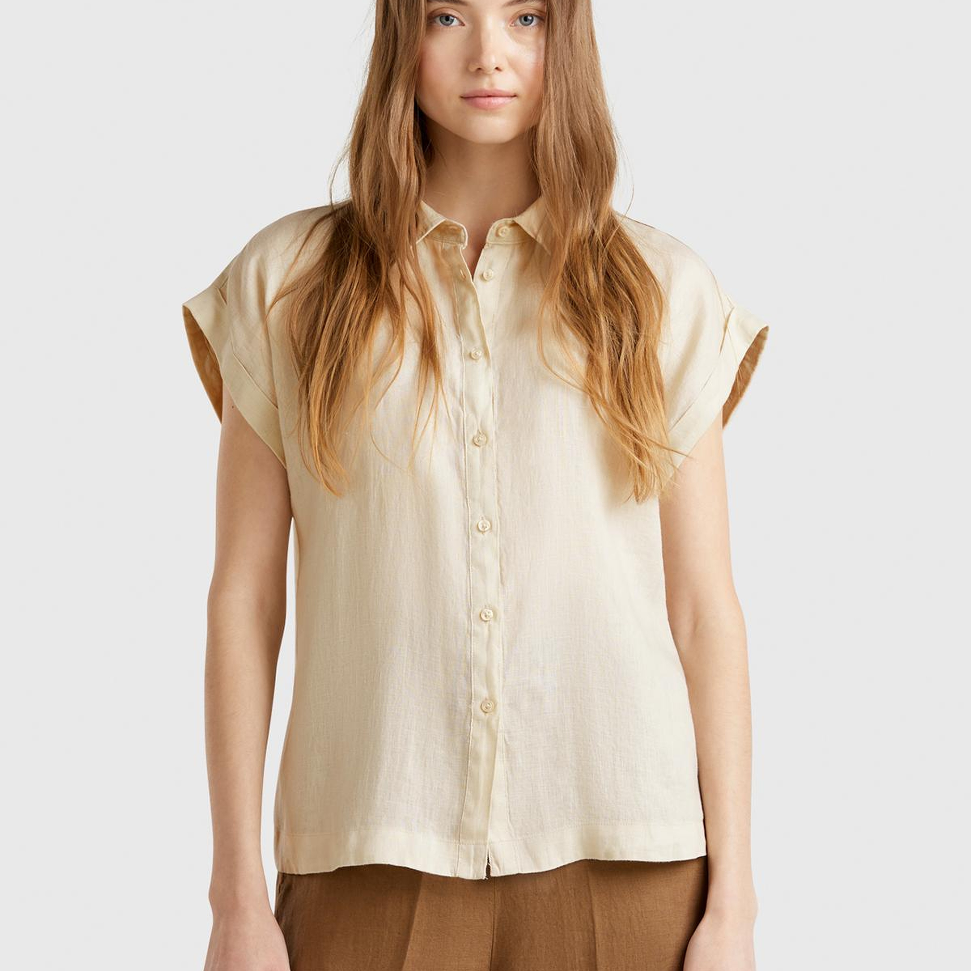 Kadın Taş Rengi %100 Keten Omuz Detaylı Kısa Kollu Gömlek