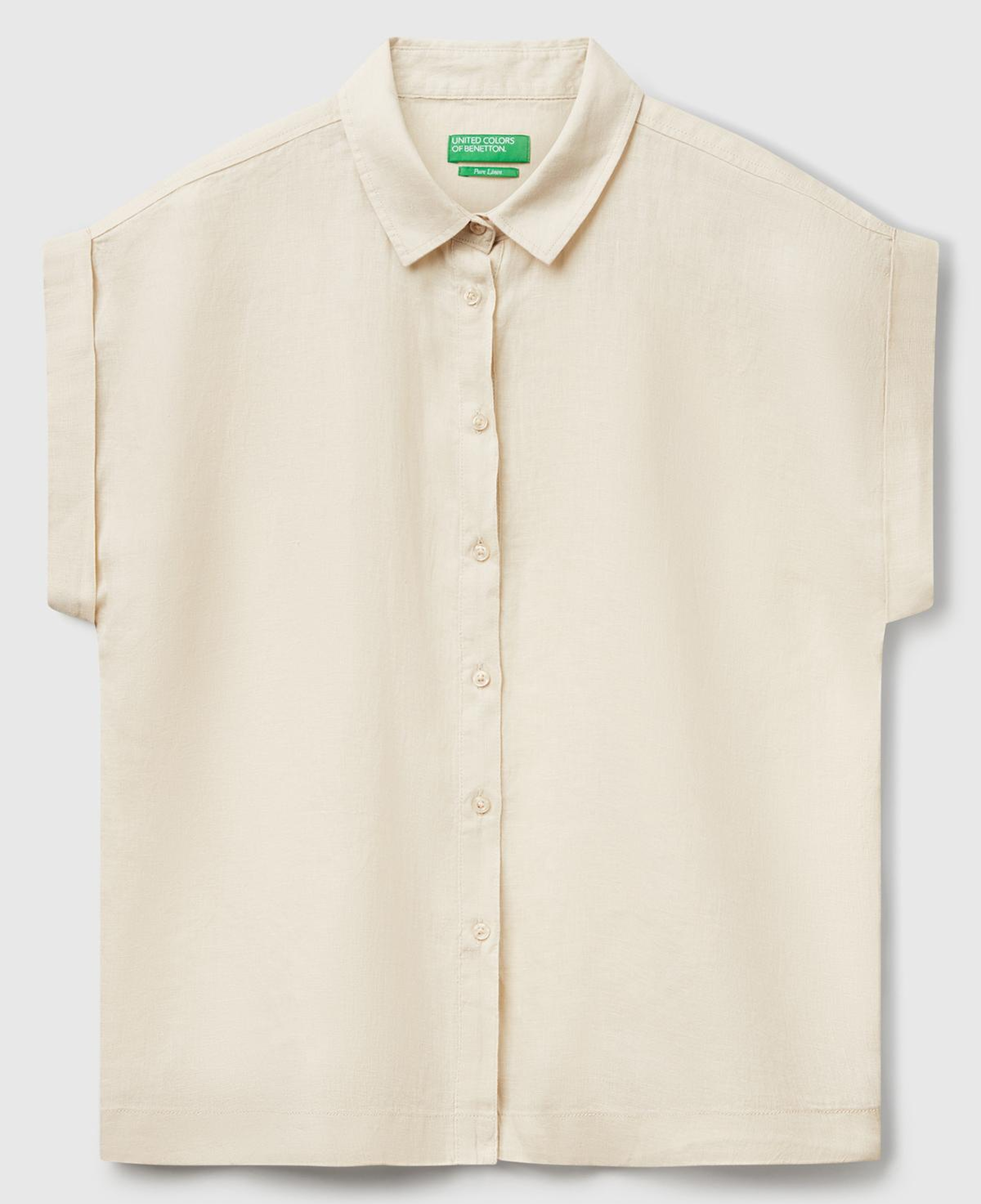 Kadın Taş Rengi %100 Keten Omuz Detaylı Kısa Kollu Gömlek