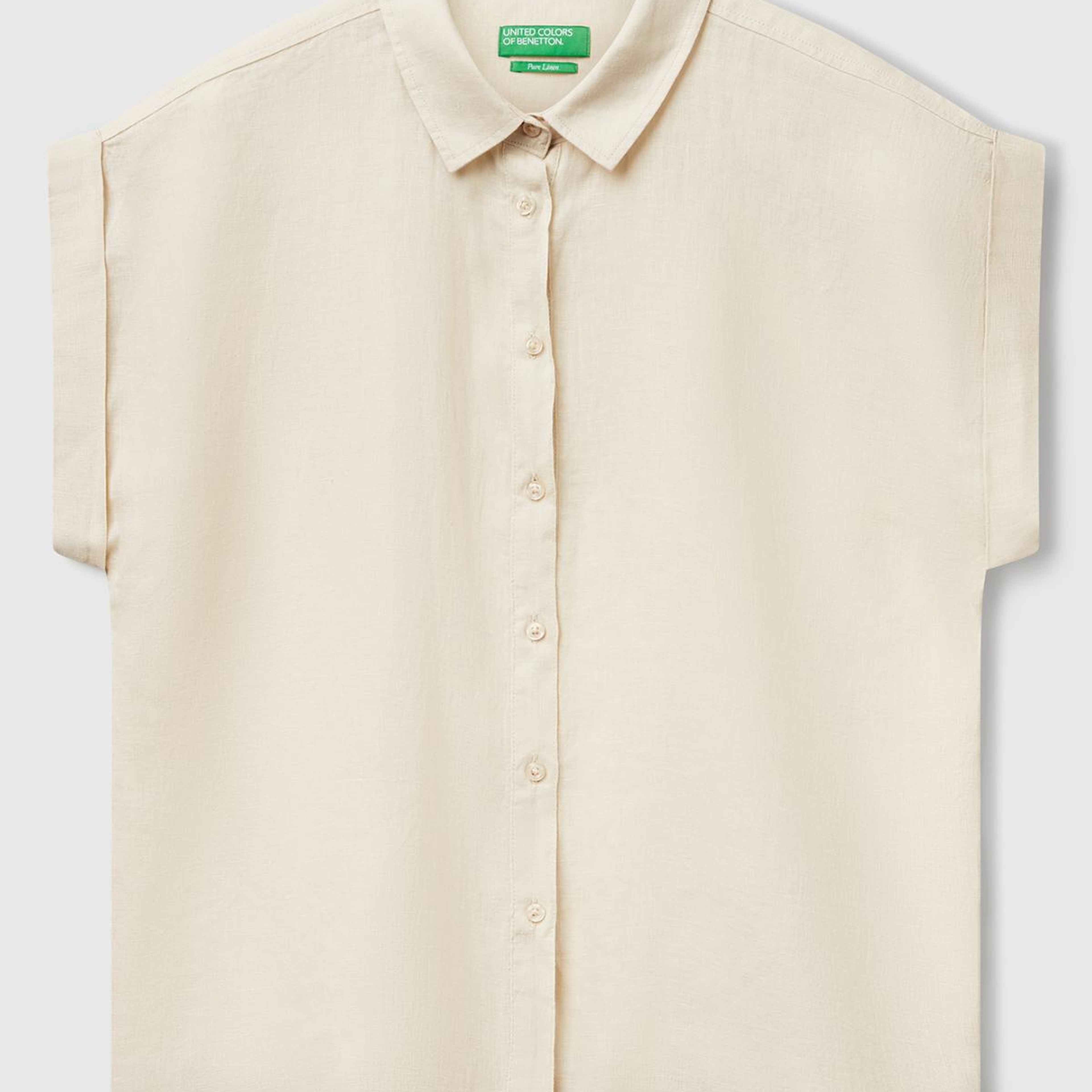 Kadın Taş Rengi %100 Keten Omuz Detaylı Kısa Kollu Gömlek