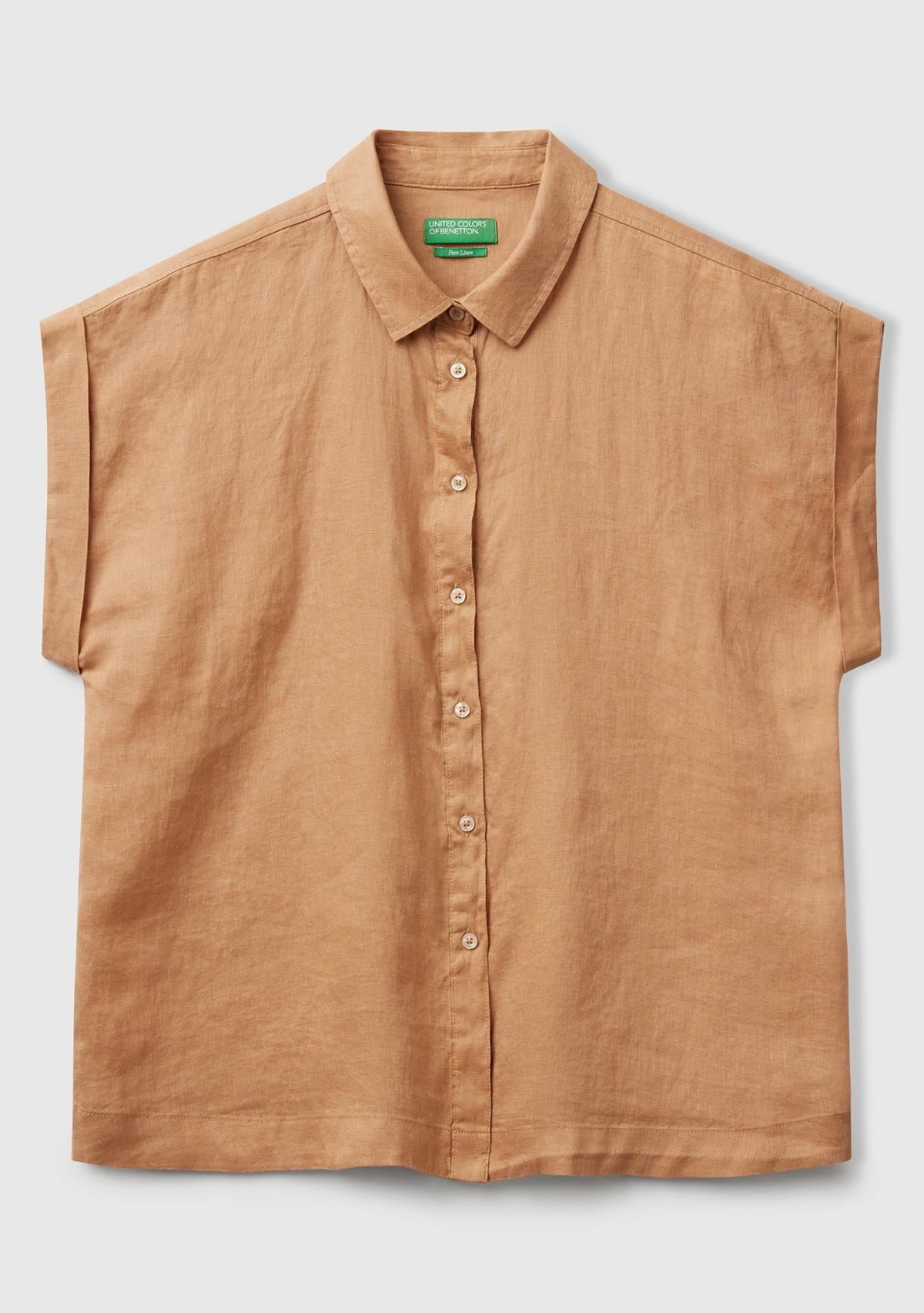 Kadın Bej %100 Keten Omuz Detaylı Kısa Kollu Gömlek