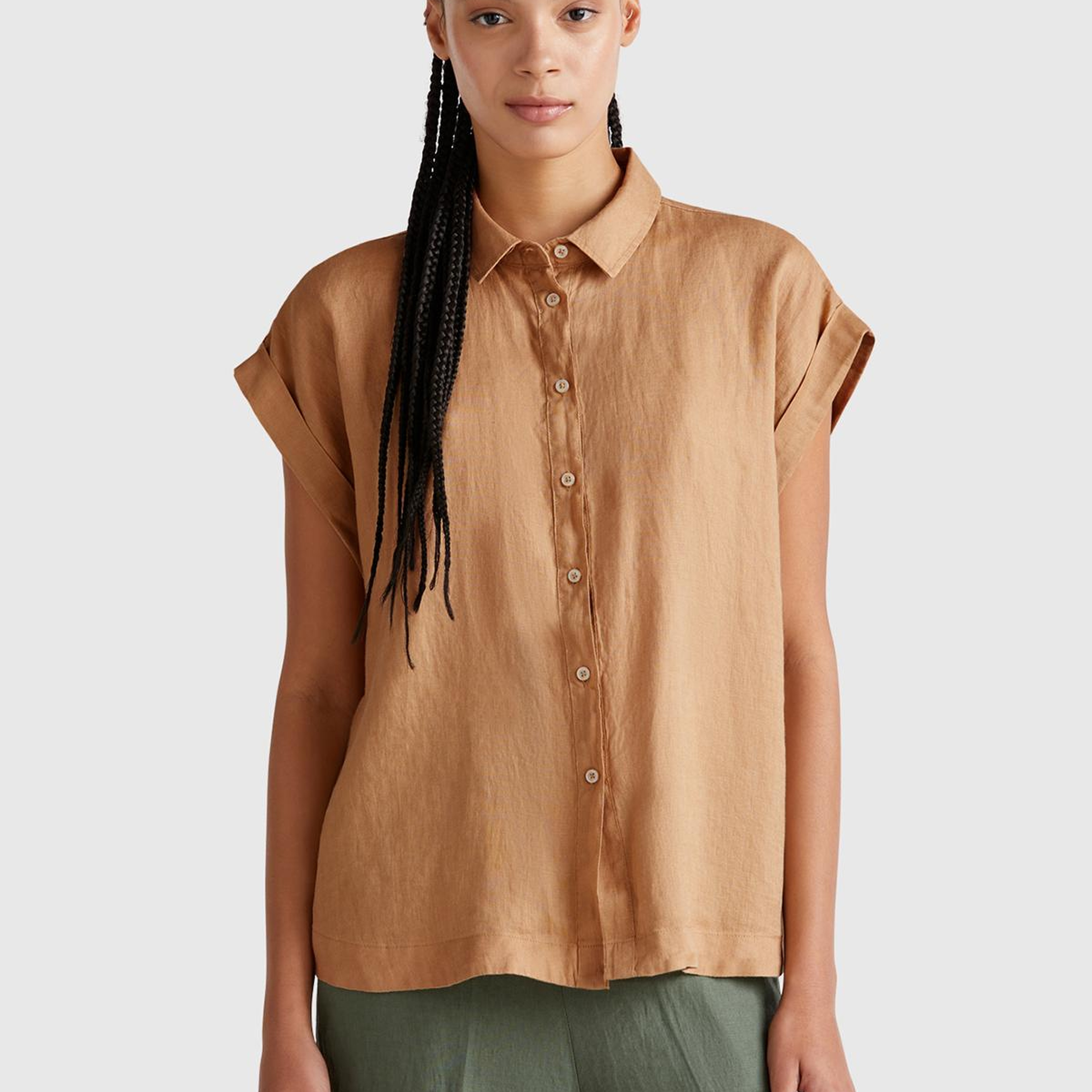 Kadın Bej %100 Keten Omuz Detaylı Kısa Kollu Gömlek