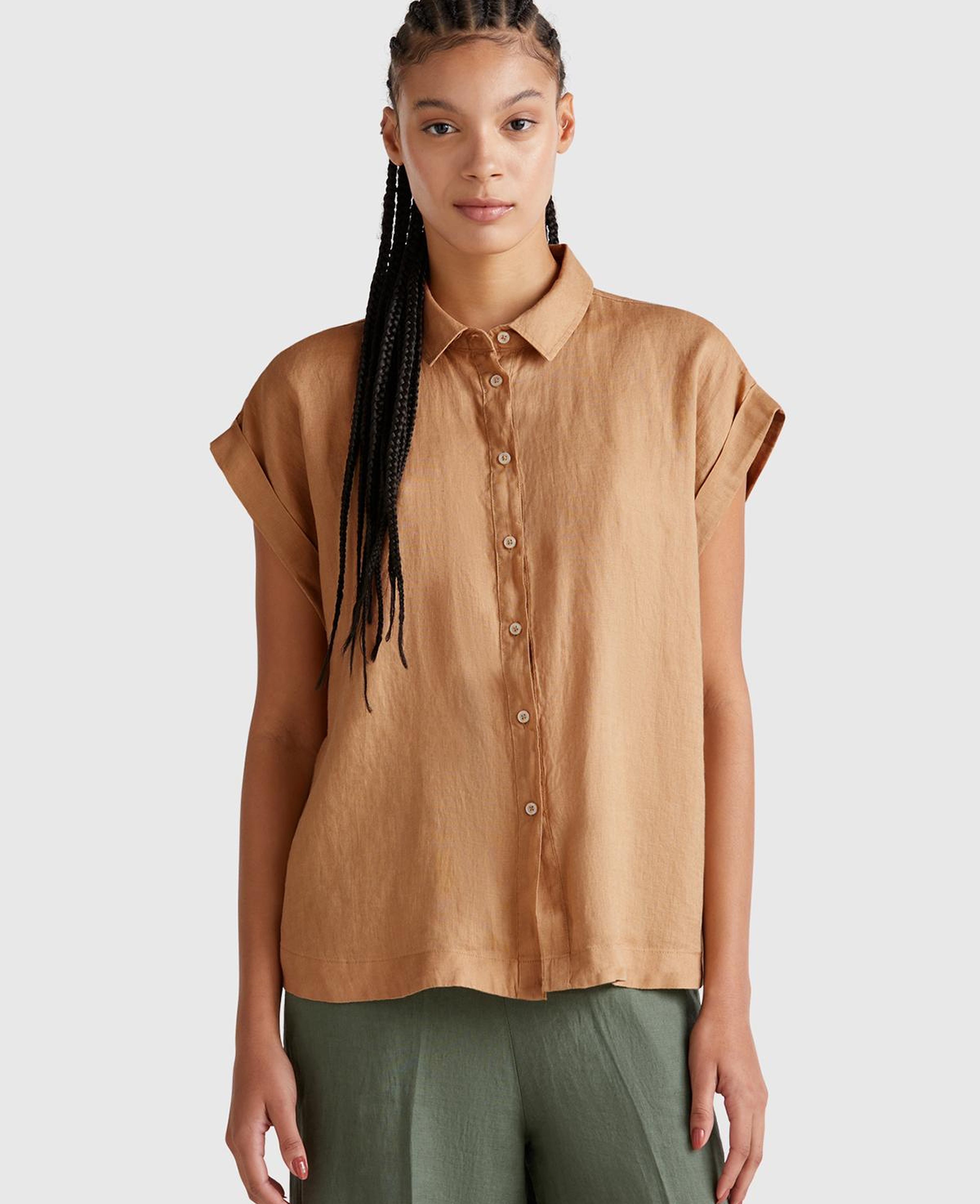 Kadın Bej %100 Keten Omuz Detaylı Kısa Kollu Gömlek