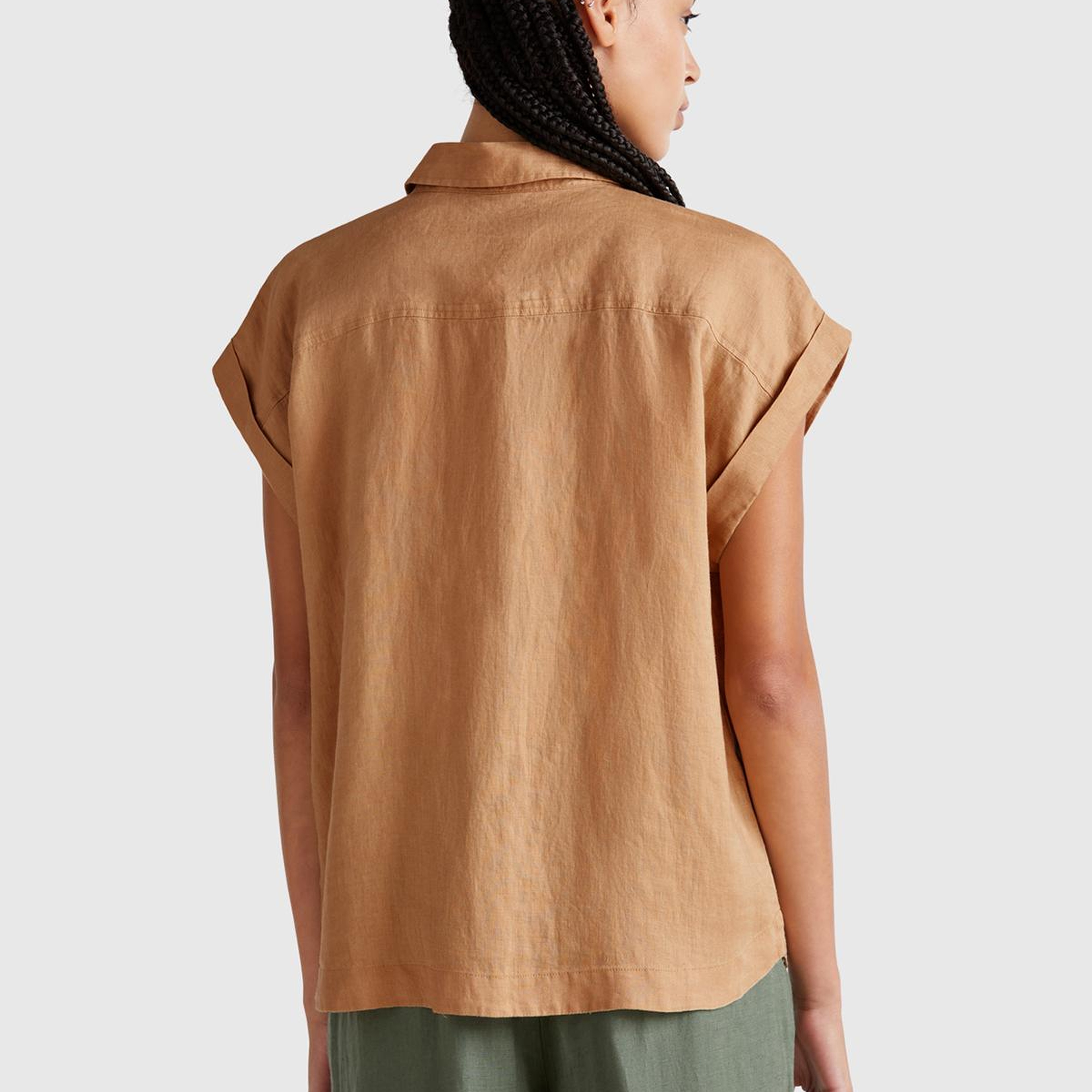 Kadın Bej %100 Keten Omuz Detaylı Kısa Kollu Gömlek