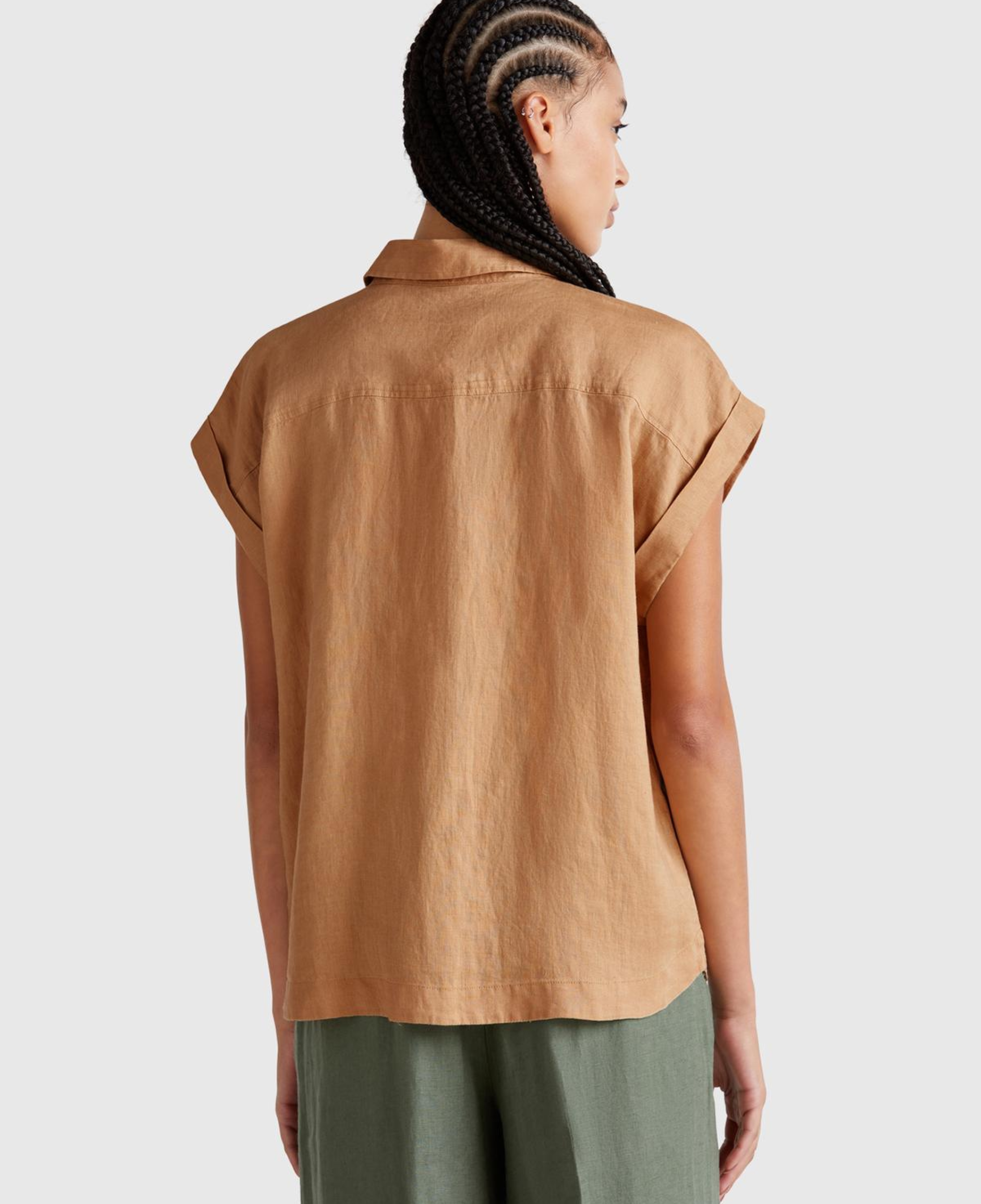 Kadın Bej %100 Keten Omuz Detaylı Kısa Kollu Gömlek