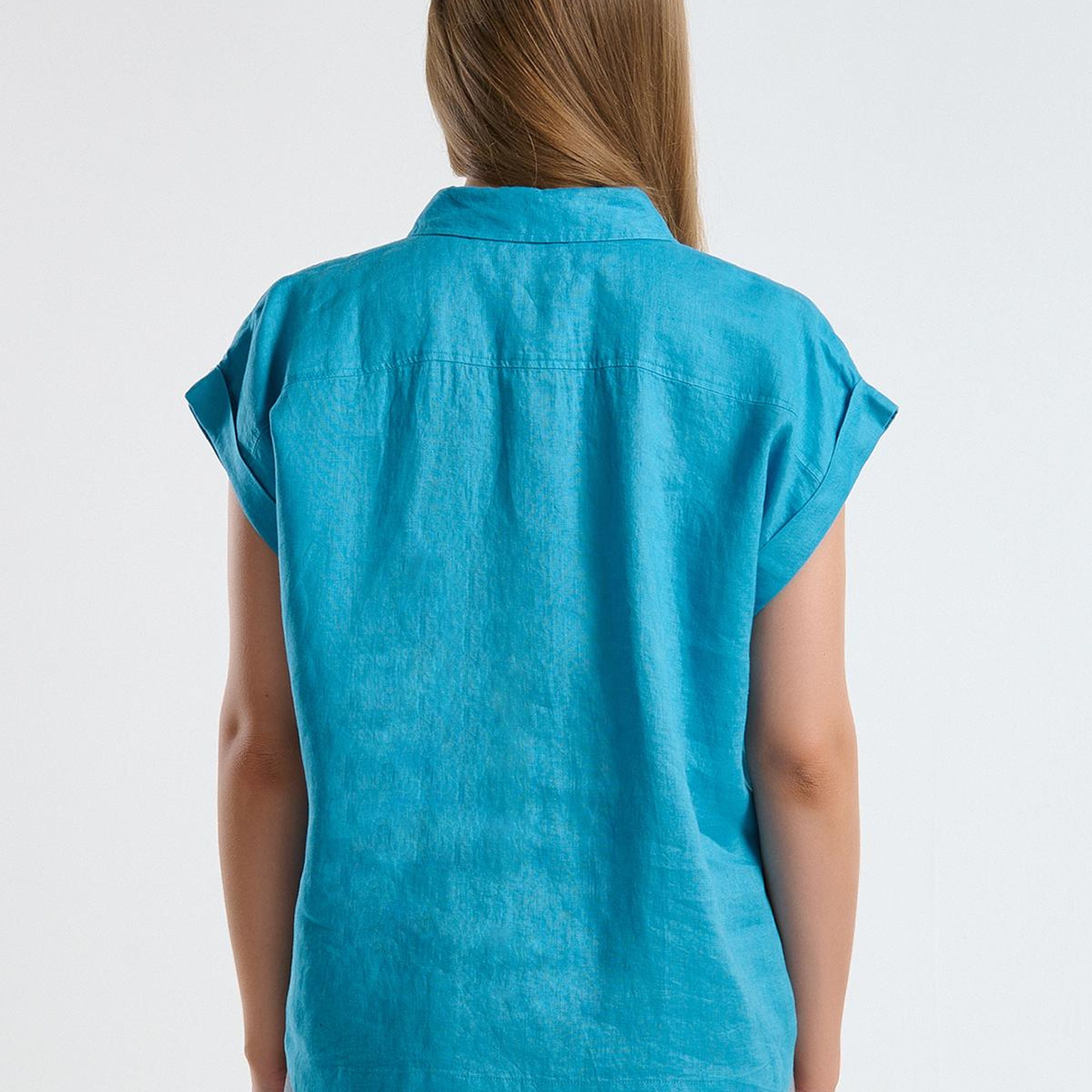 Kadın Mavi %100 Keten Omuz Detaylı Kısa Kollu Gömlek