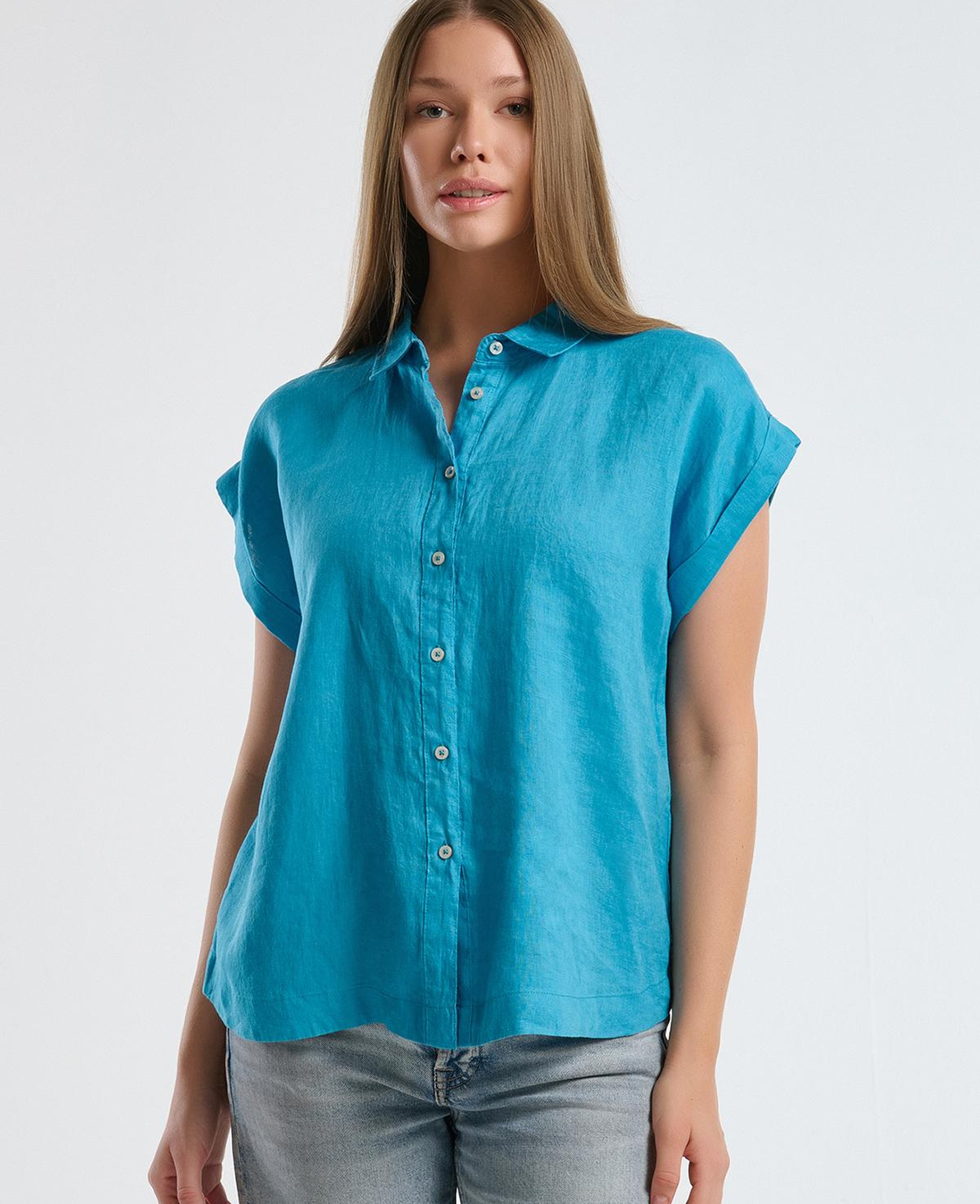 Kadın Mavi %100 Keten Omuz Detaylı Kısa Kollu Gömlek