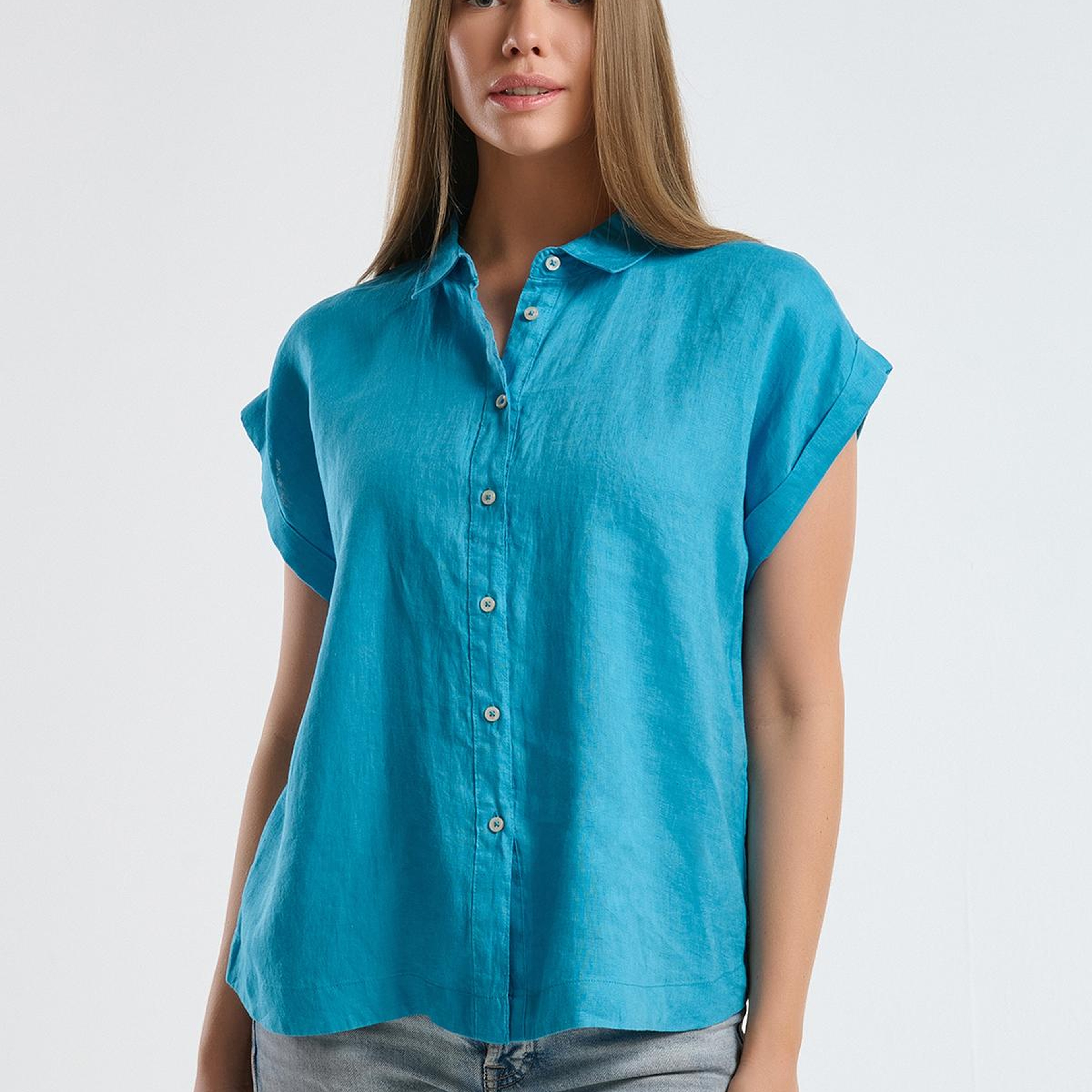 Kadın Mavi %100 Keten Omuz Detaylı Kısa Kollu Gömlek