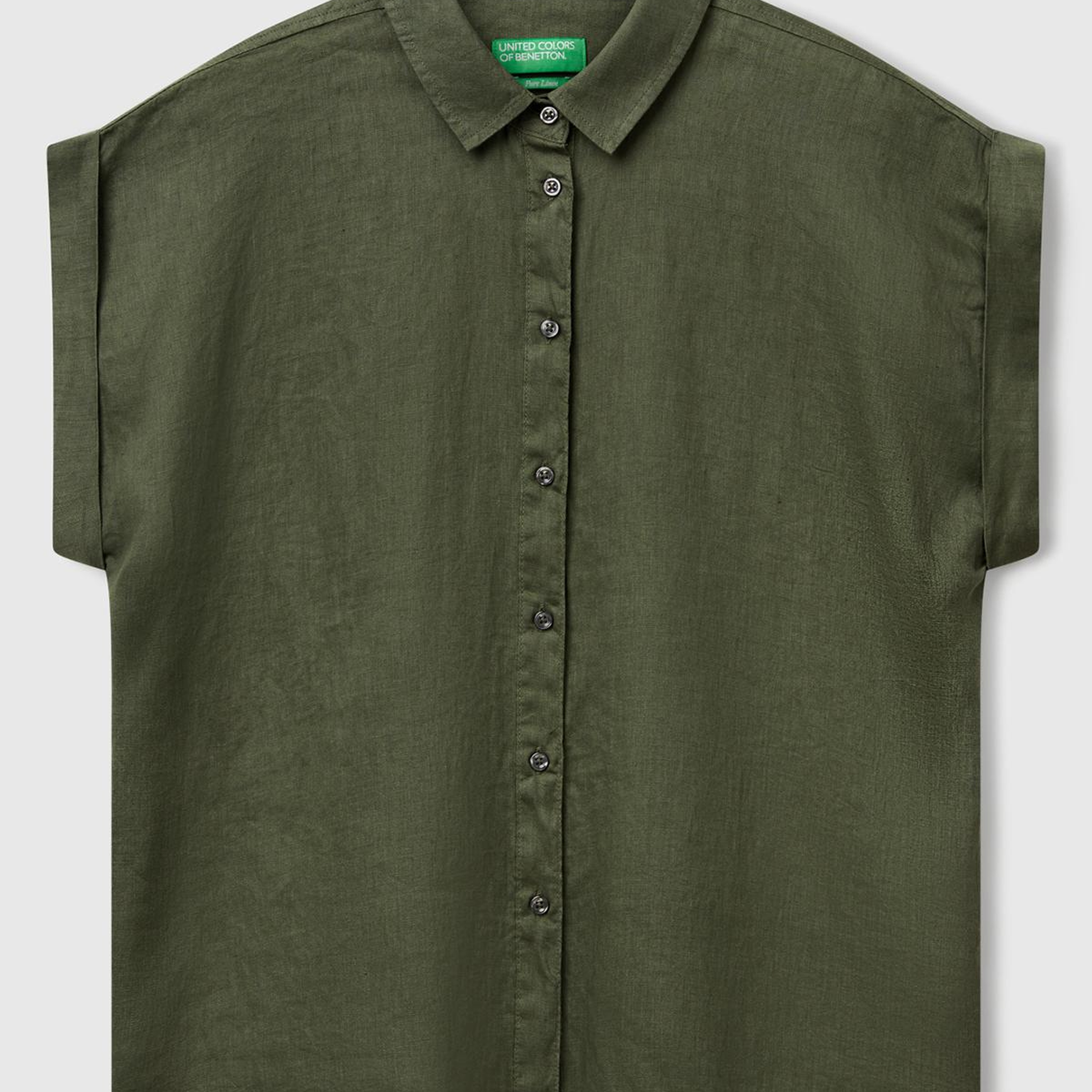 Kadın Haki %100 Keten Omuz Detaylı Kısa Kollu Gömlek