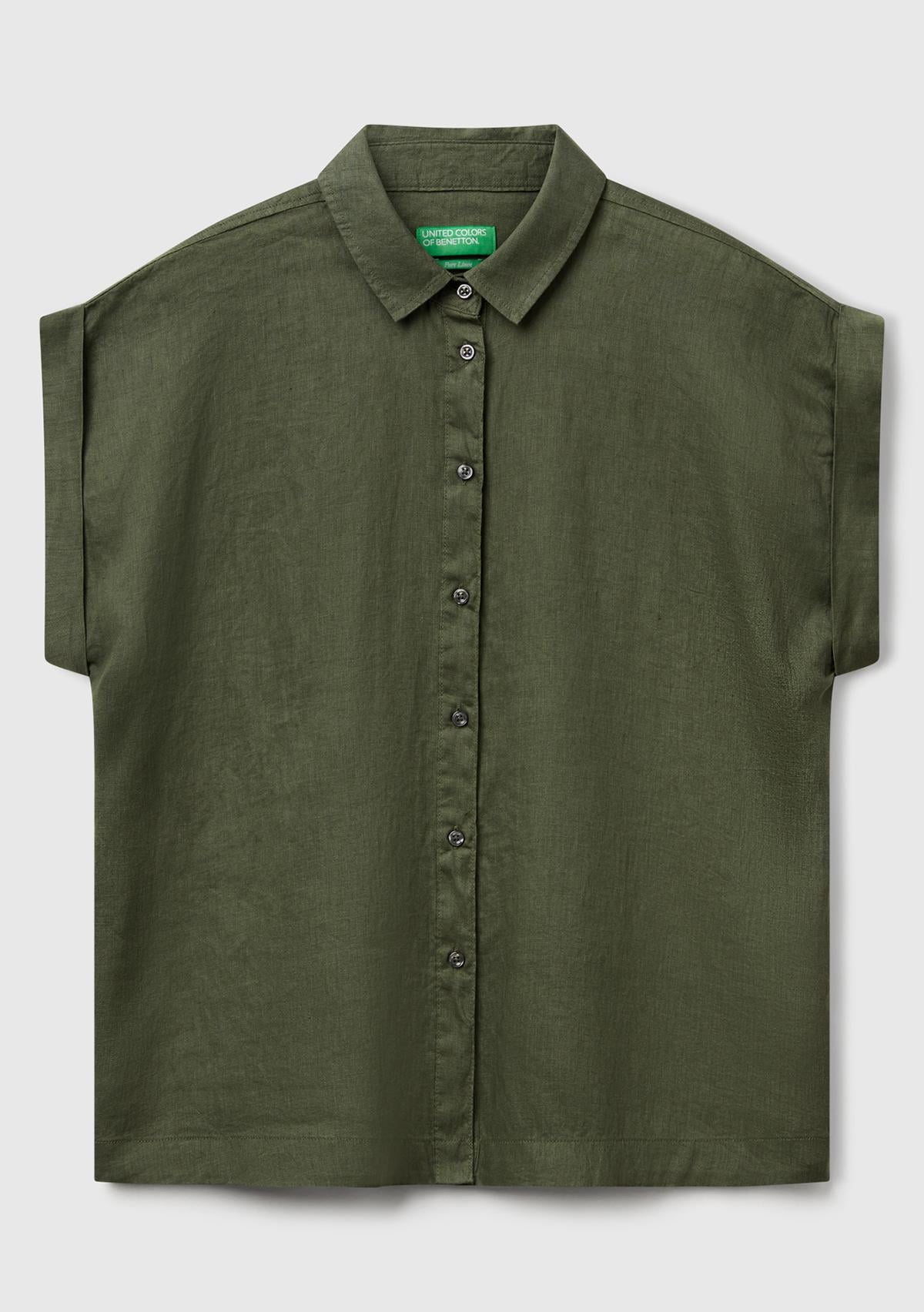 Kadın Haki %100 Keten Omuz Detaylı Kısa Kollu Gömlek