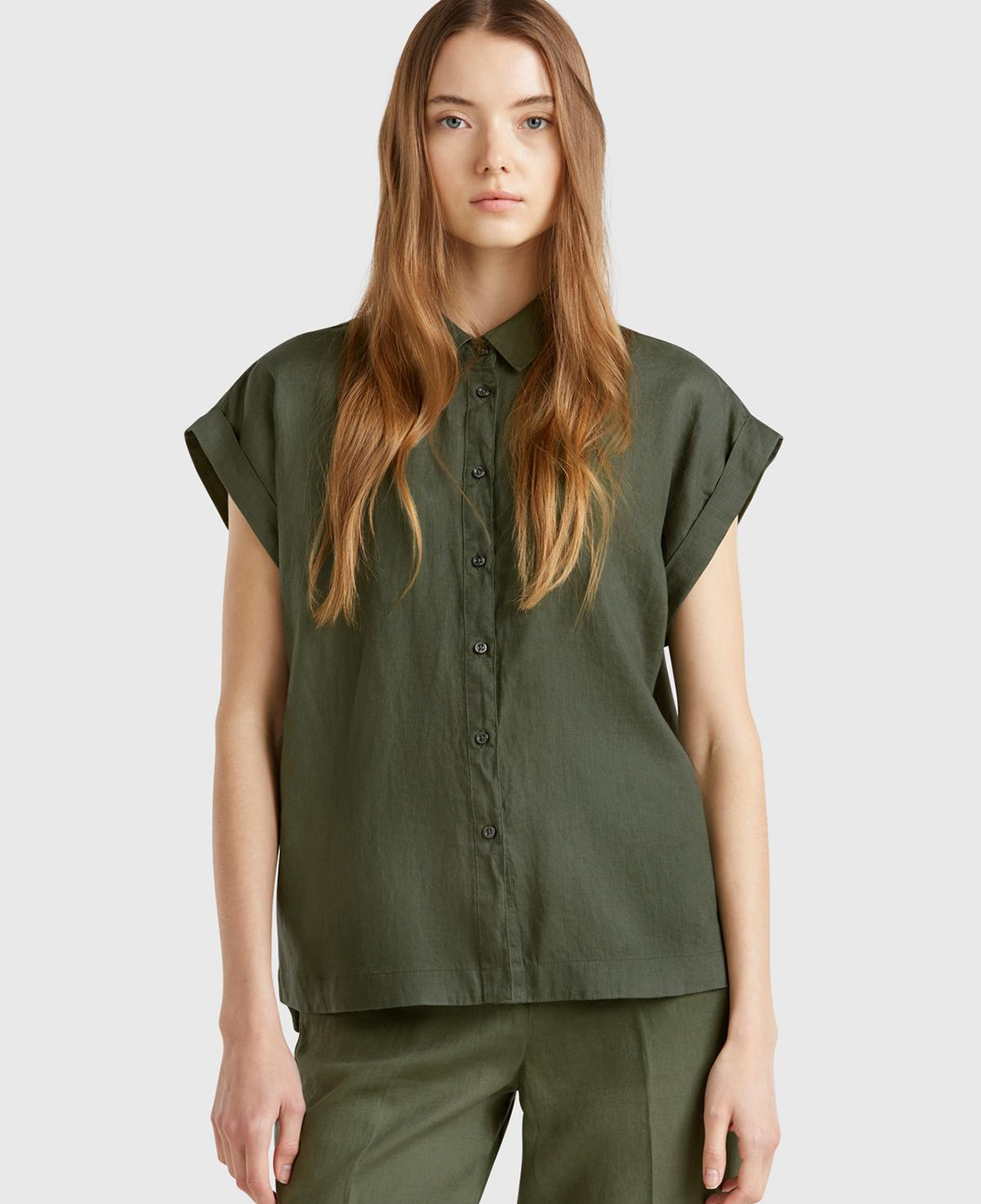 Kadın Haki %100 Keten Omuz Detaylı Kısa Kollu Gömlek