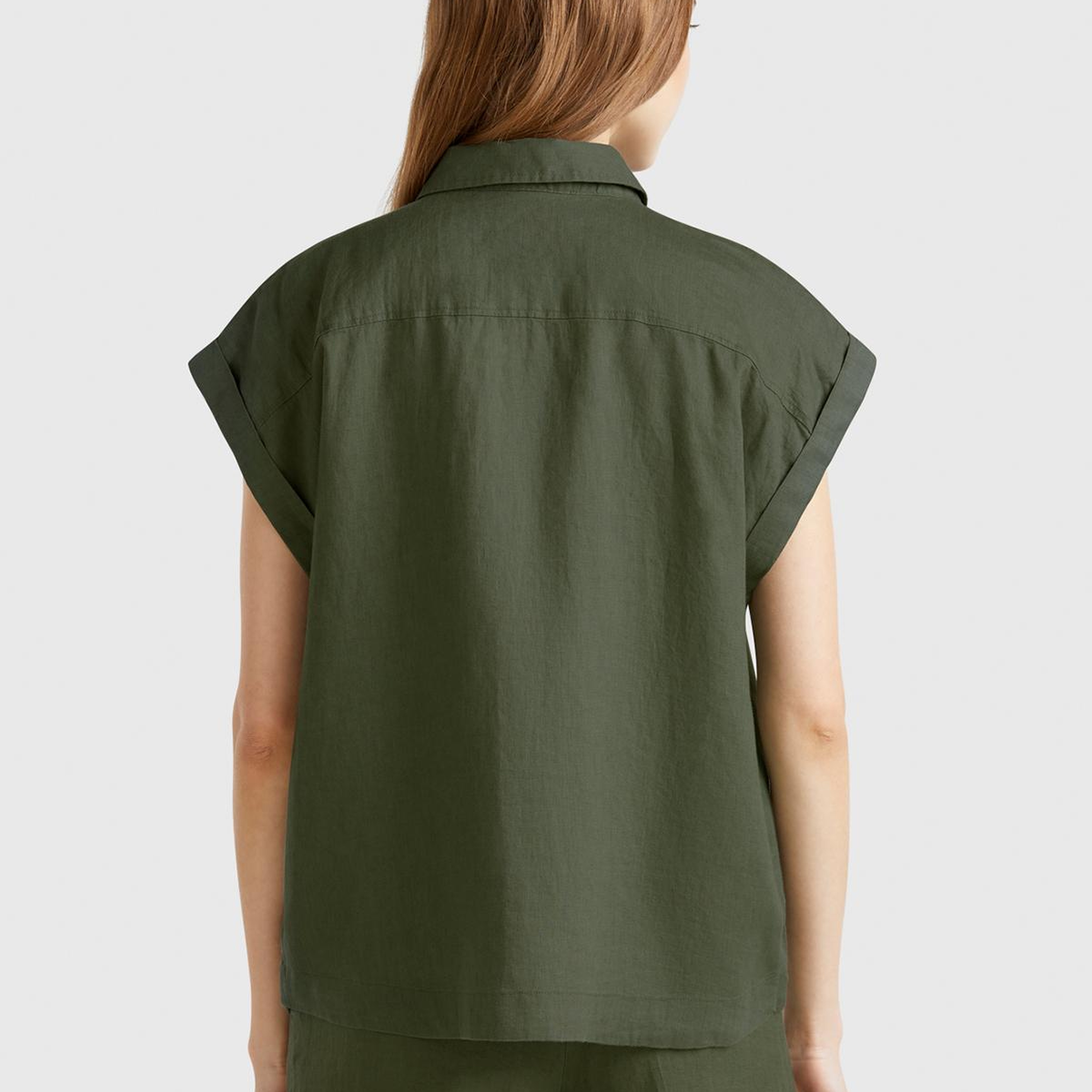 Kadın Haki %100 Keten Omuz Detaylı Kısa Kollu Gömlek