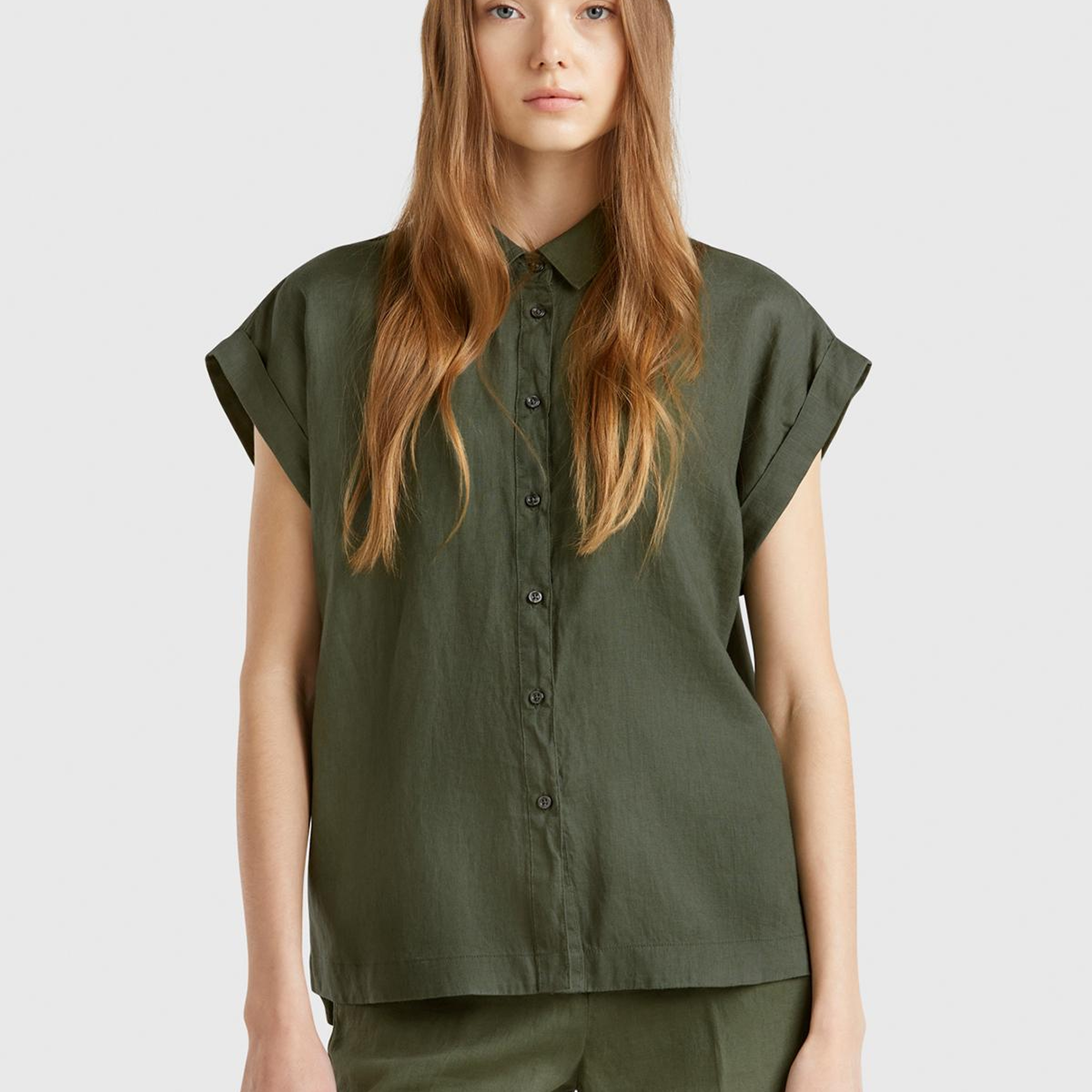 Kadın Haki %100 Keten Omuz Detaylı Kısa Kollu Gömlek