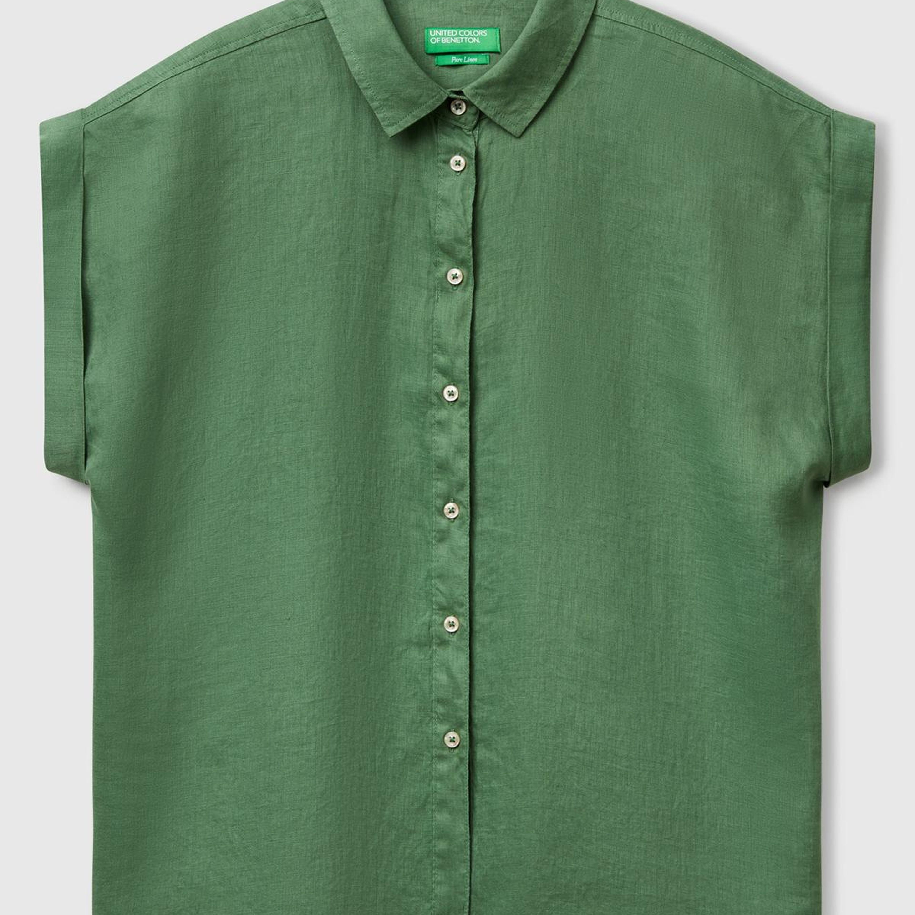 Kadın Açık Yeşil %100 Keten Omuz Detaylı Kısa Kollu Gömlek