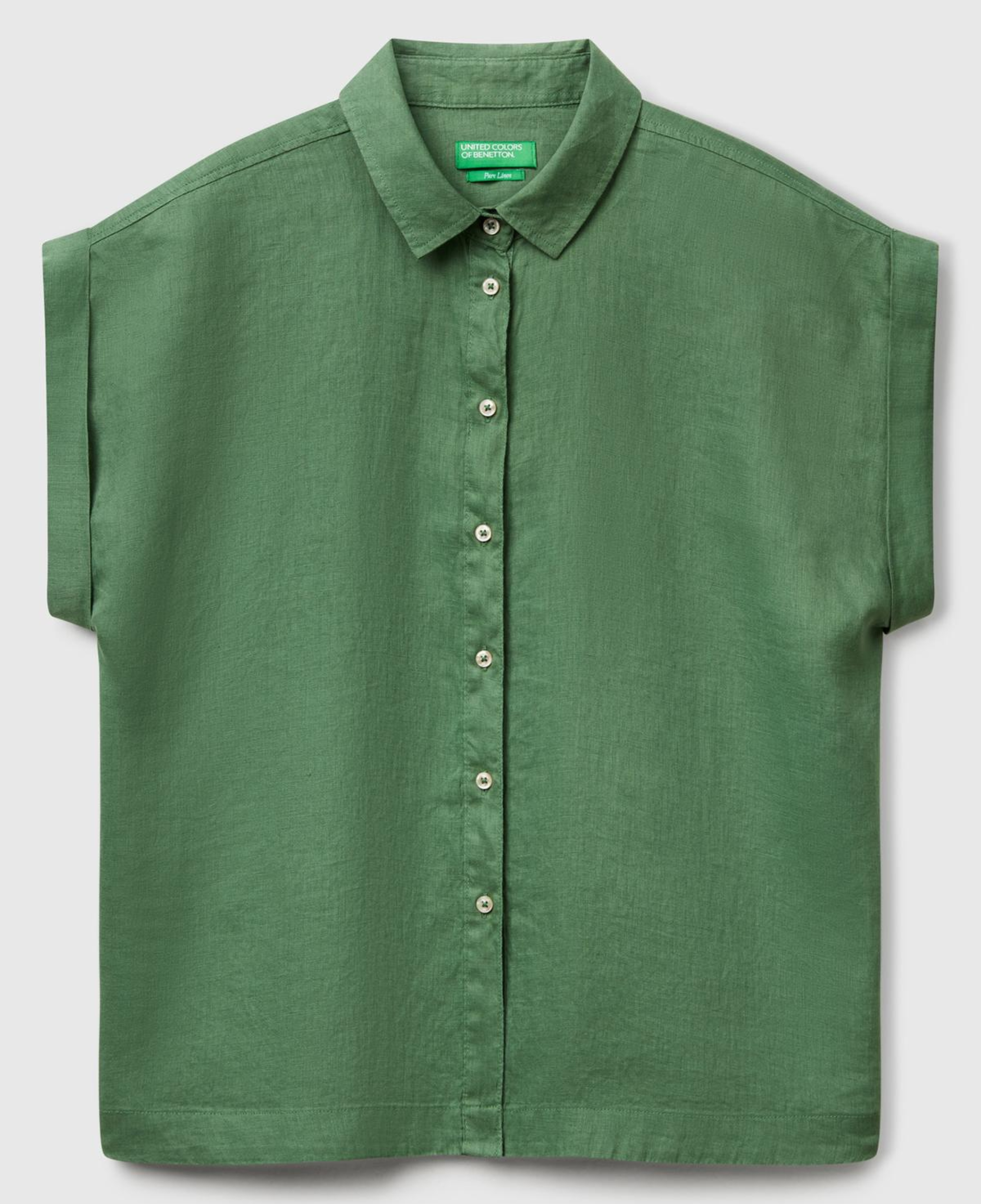 Kadın Açık Yeşil %100 Keten Omuz Detaylı Kısa Kollu Gömlek