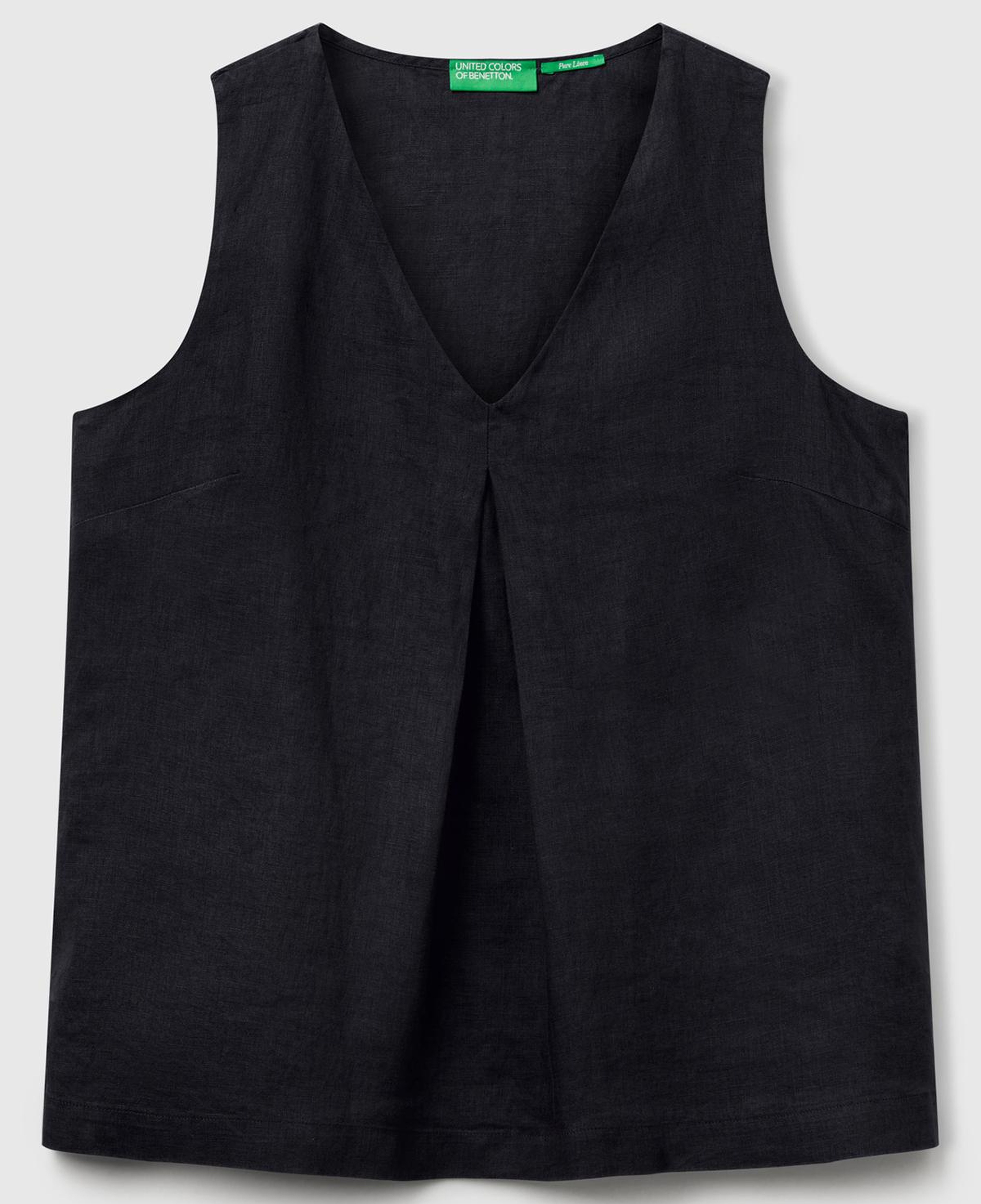 Kadın Siyah %100 Keten V Yaka Kolsuz Geniş Kesim Bluz