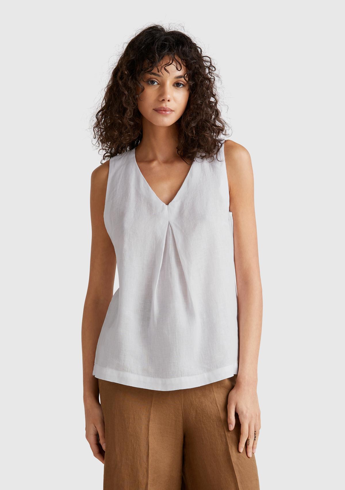 Kadın Beyaz %100 Keten V Yaka Kolsuz Geniş Kesim Bluz