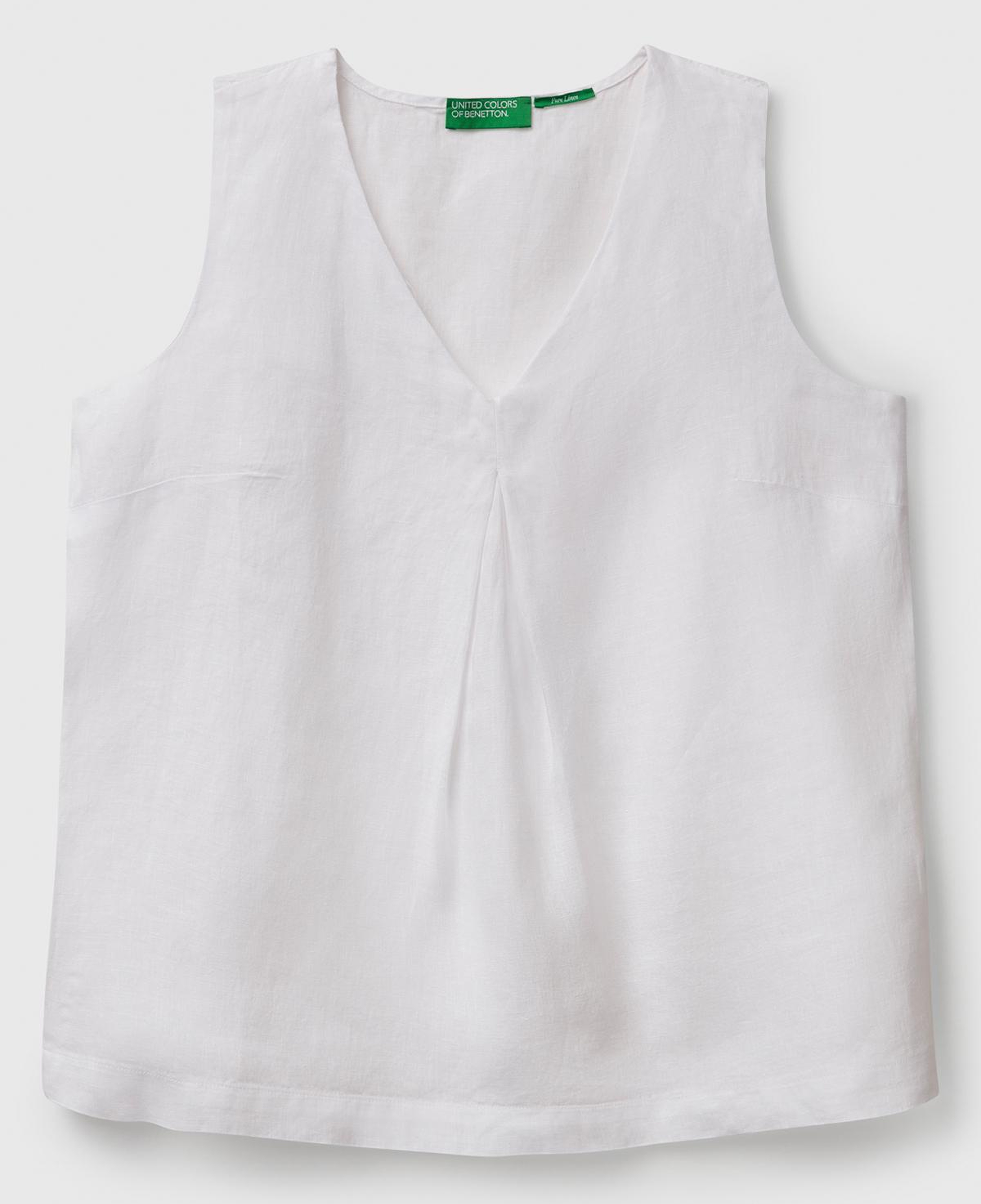 Kadın Beyaz %100 Keten V Yaka Kolsuz Geniş Kesim Bluz