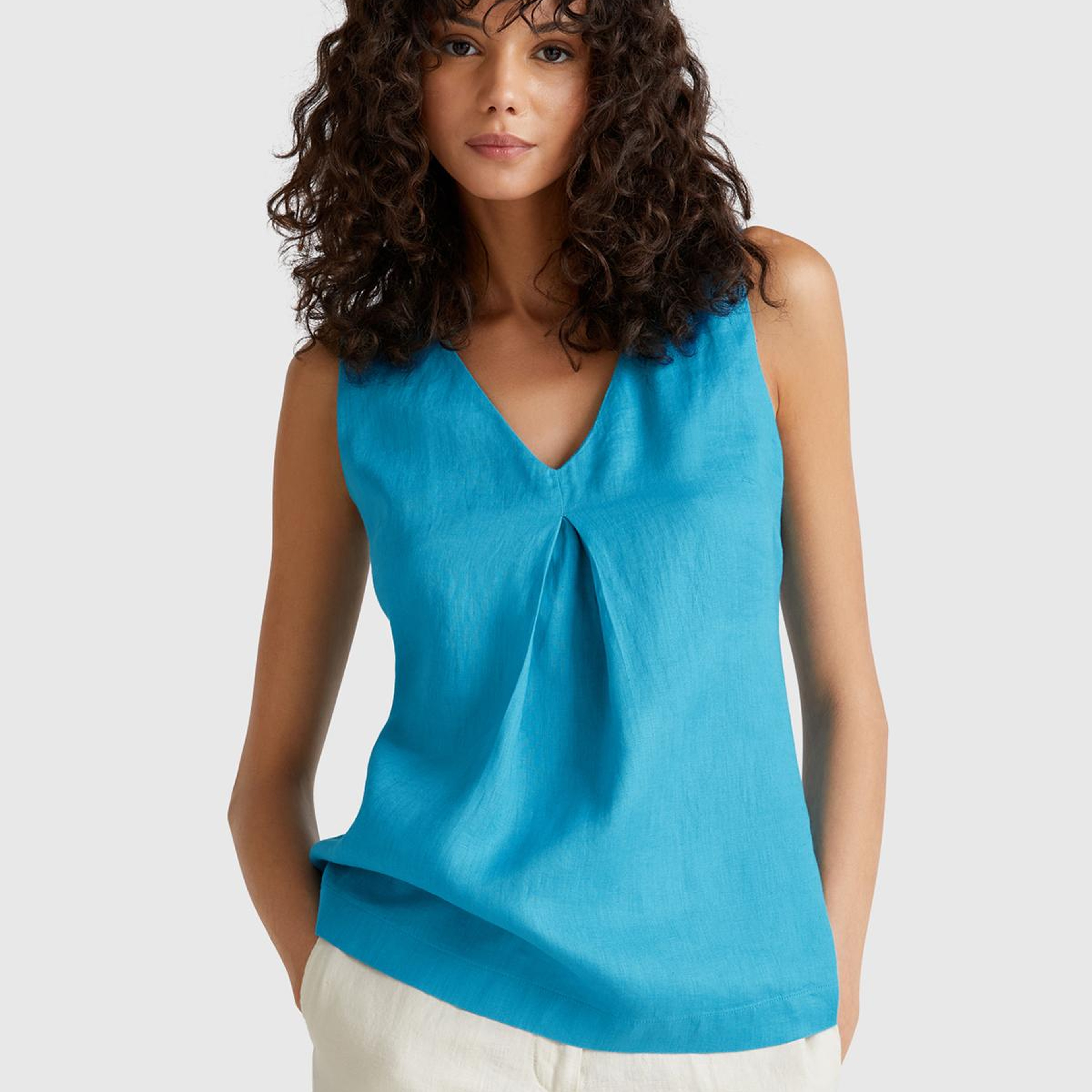 Kadın Mavi %100 Keten V Yaka Kolsuz Geniş Kesim Bluz