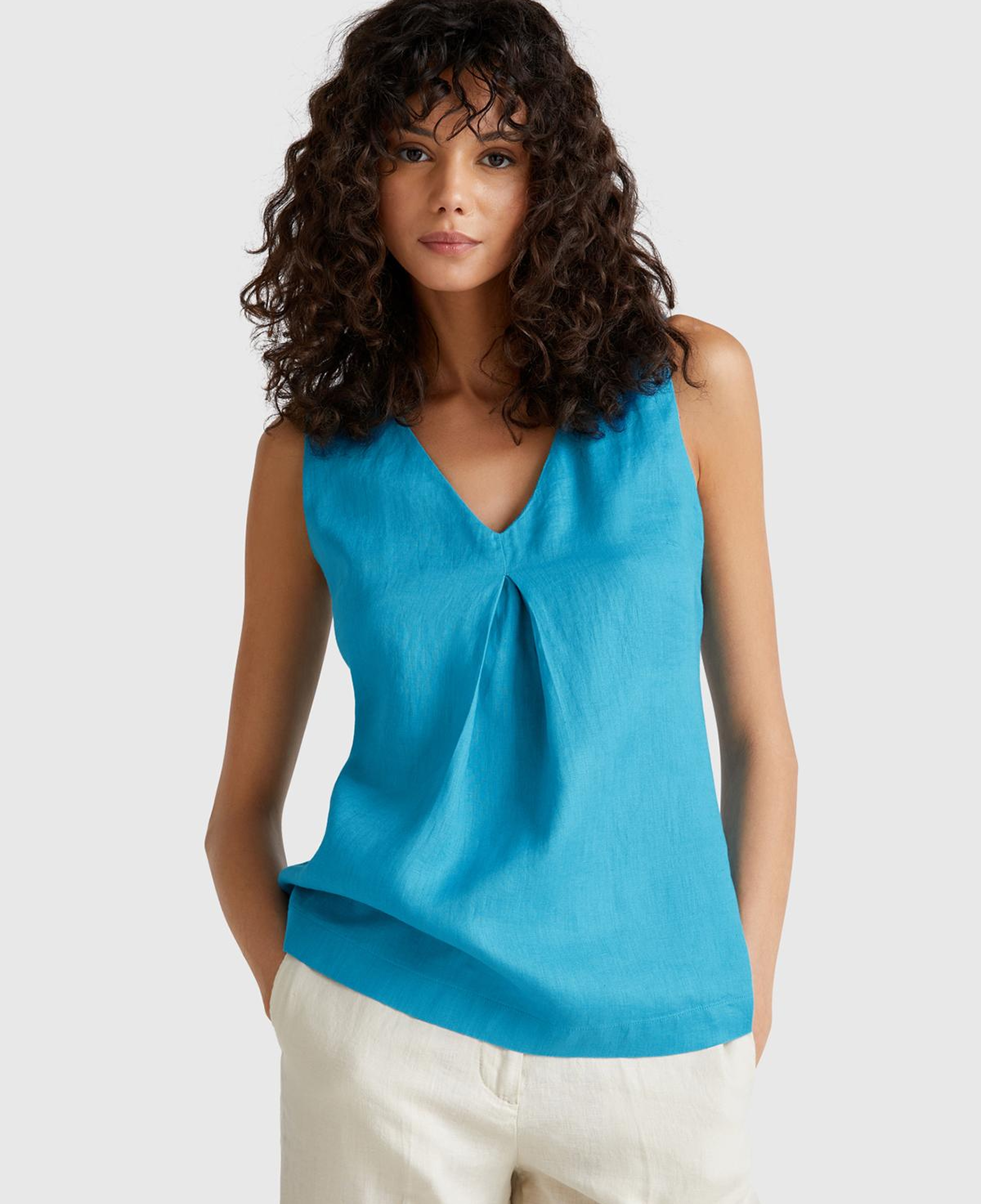 Kadın Mavi %100 Keten V Yaka Kolsuz Geniş Kesim Bluz