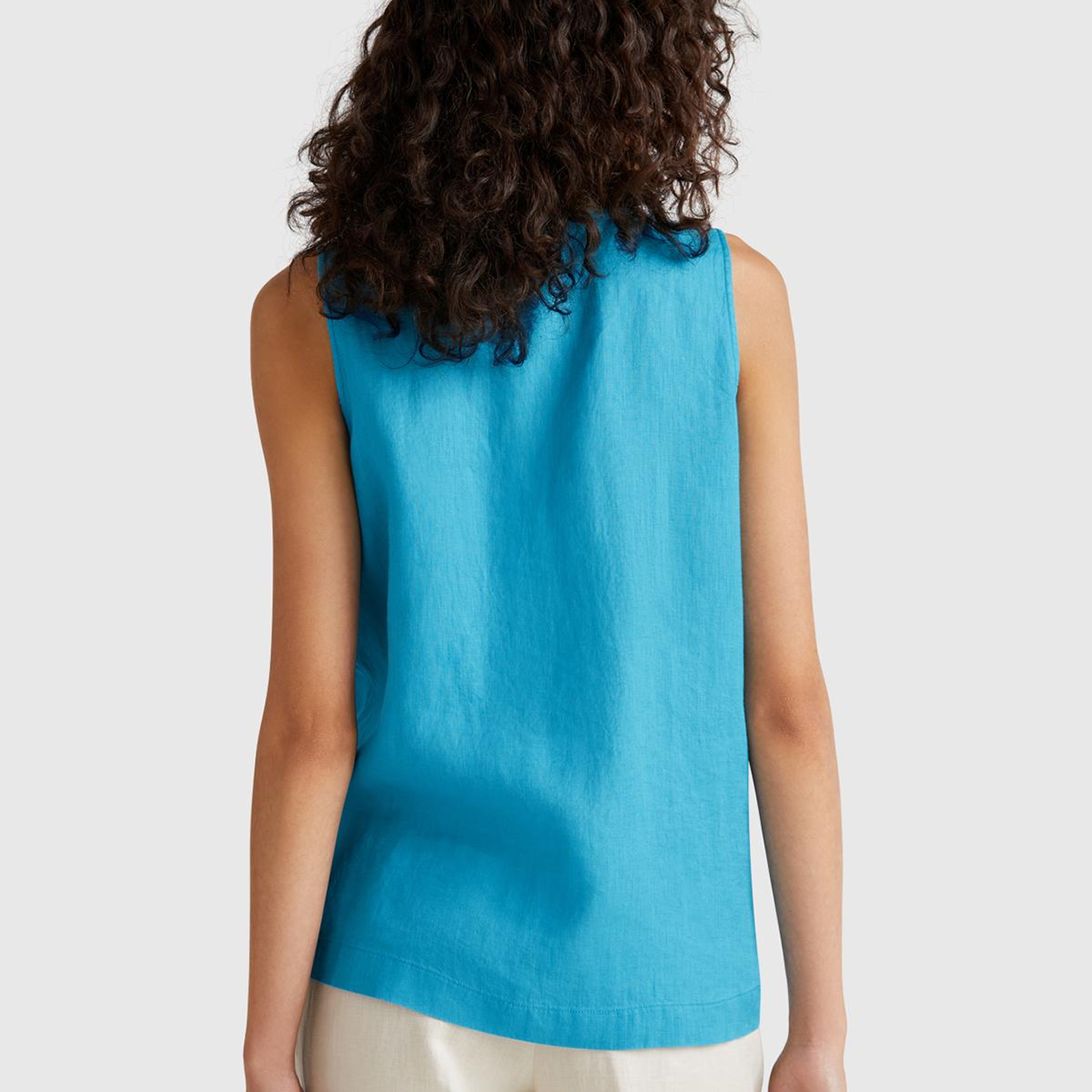 Kadın Mavi %100 Keten V Yaka Kolsuz Geniş Kesim Bluz