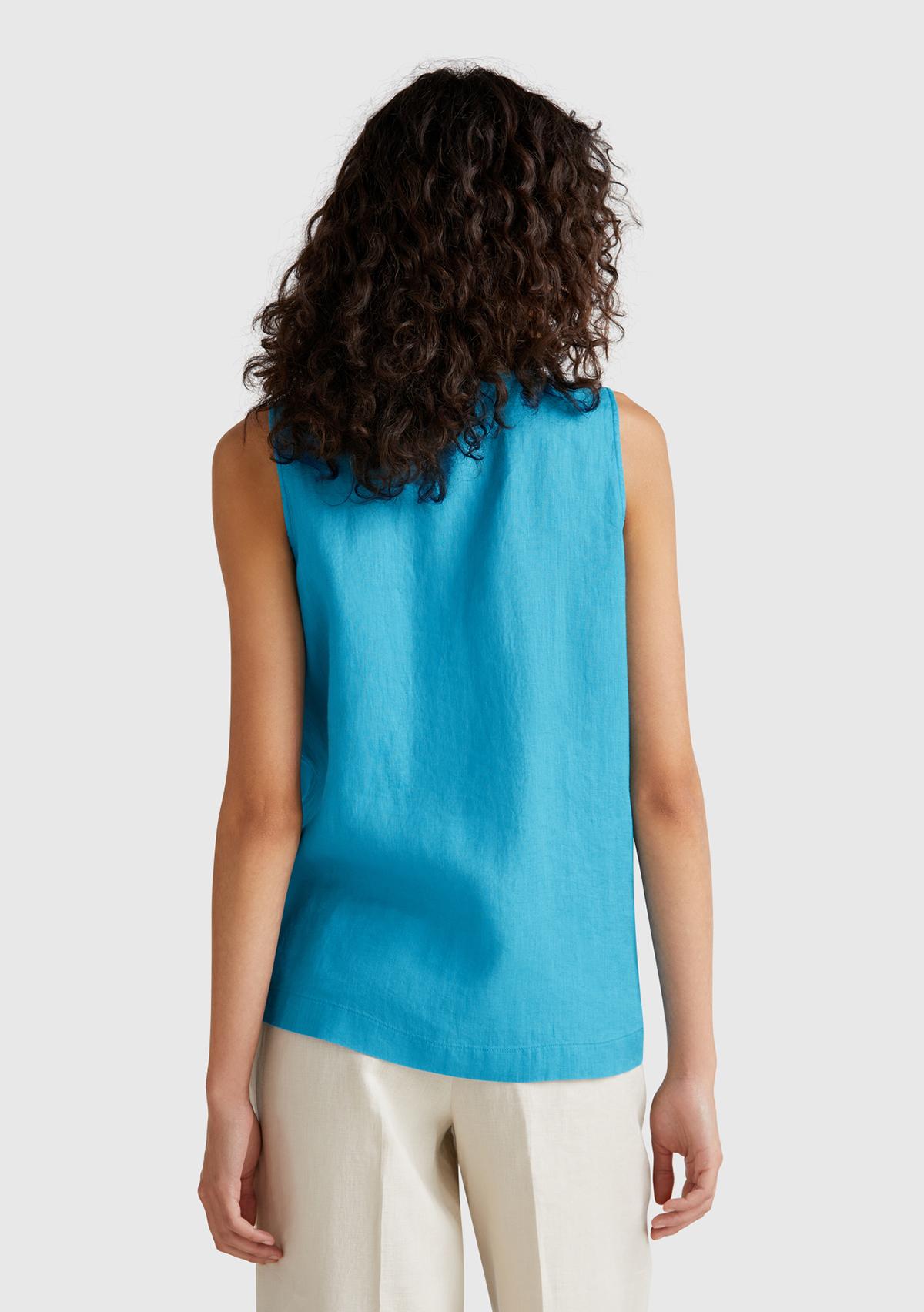 Kadın Mavi %100 Keten V Yaka Kolsuz Geniş Kesim Bluz