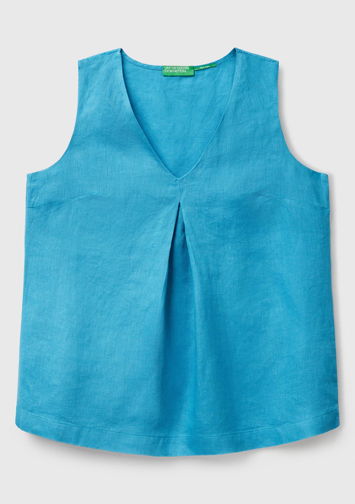 Kadın Mavi %100 Keten V Yaka Kolsuz Geniş Kesim Bluz