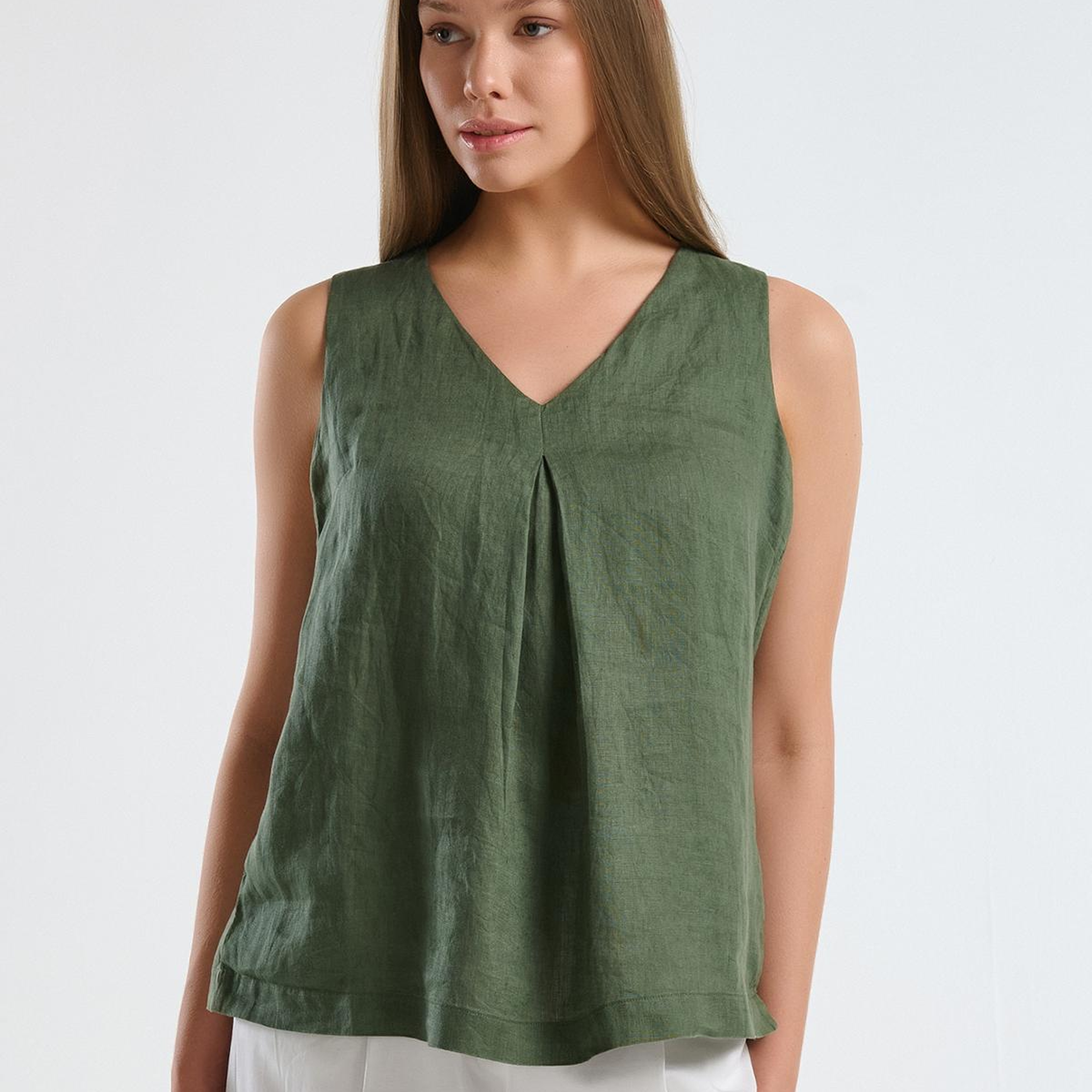 Kadın Haki %100 Keten V Yaka Kolsuz Geniş Kesim Bluz