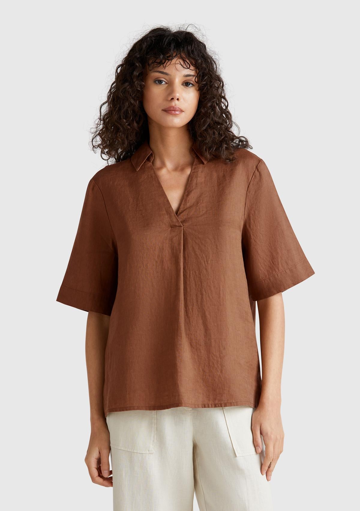 Kadın Kahverengi %100 Keten Relax Fit V Gömlek Yakalı Kısa Kollu Bluz