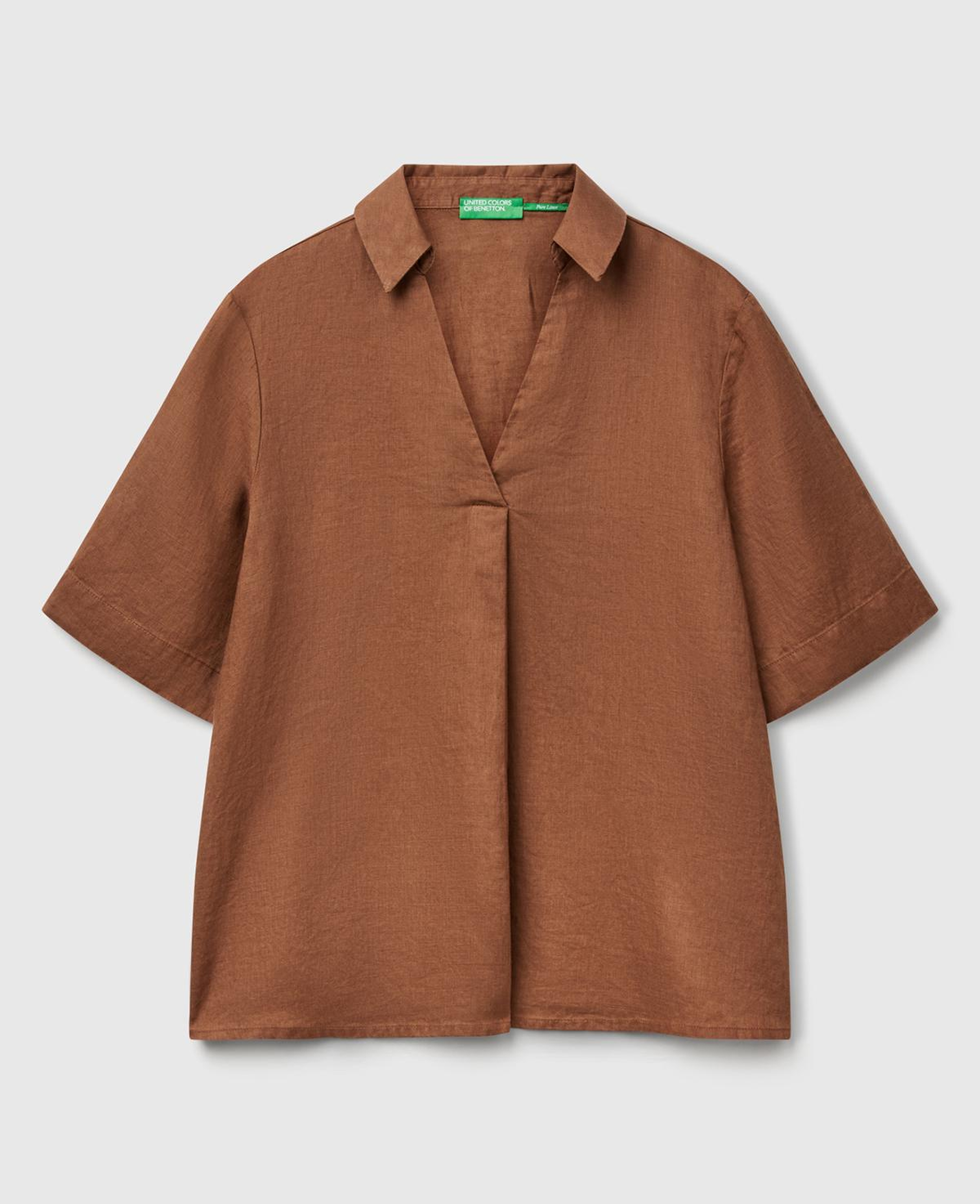 Kadın Kahverengi %100 Keten Relax Fit V Gömlek Yakalı Kısa Kollu Bluz