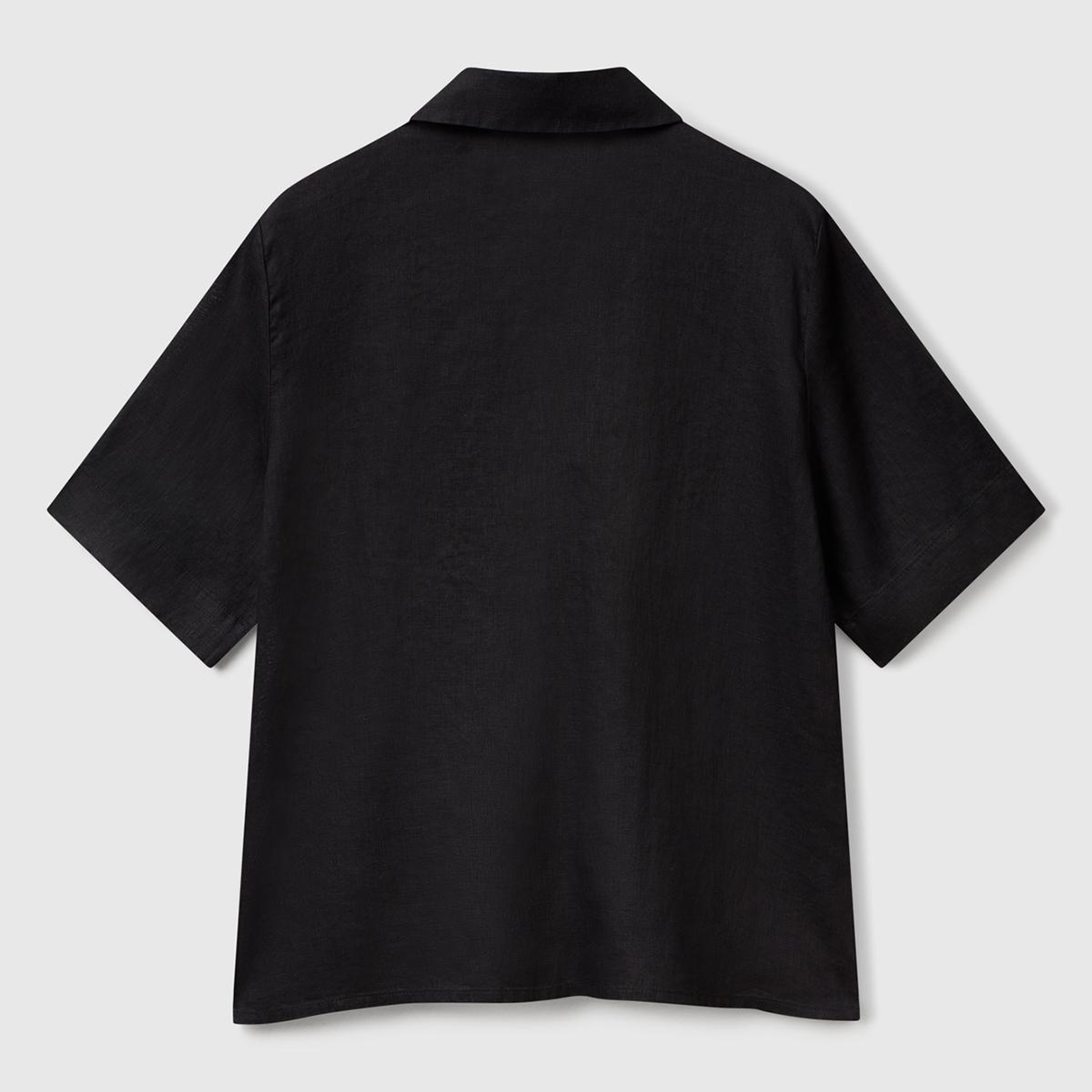 Kadın Siyah %100 Keten Relax Fit V Gömlek Yakalı Kısa Kollu Bluz